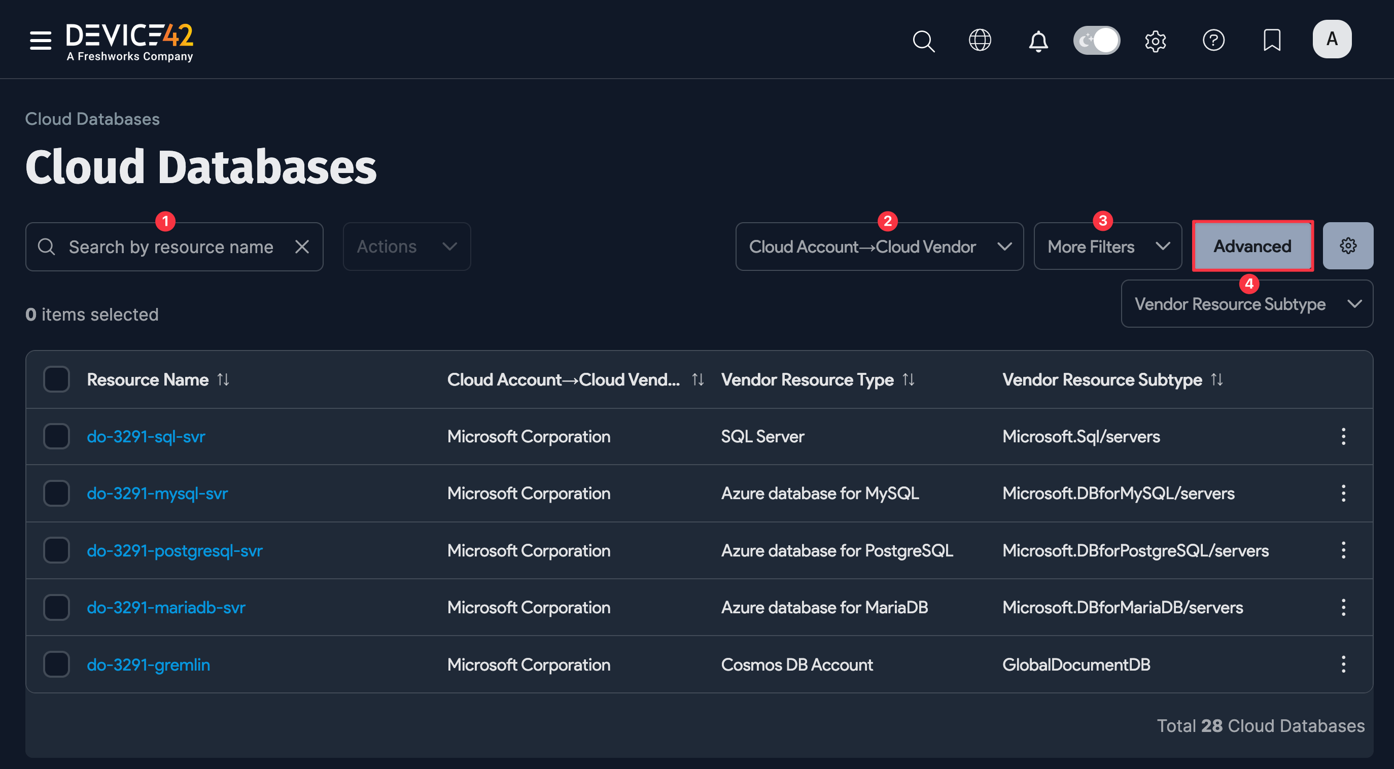 Cloud Databases list page