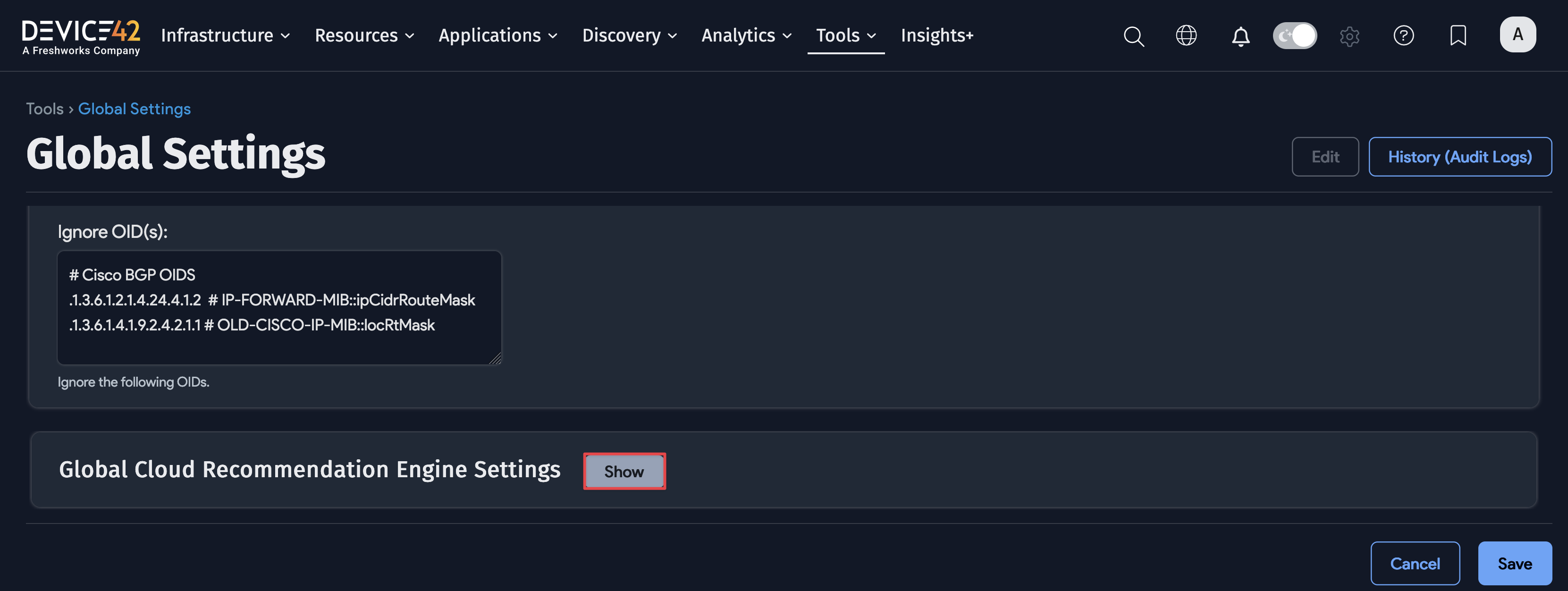 CRE global settings tab