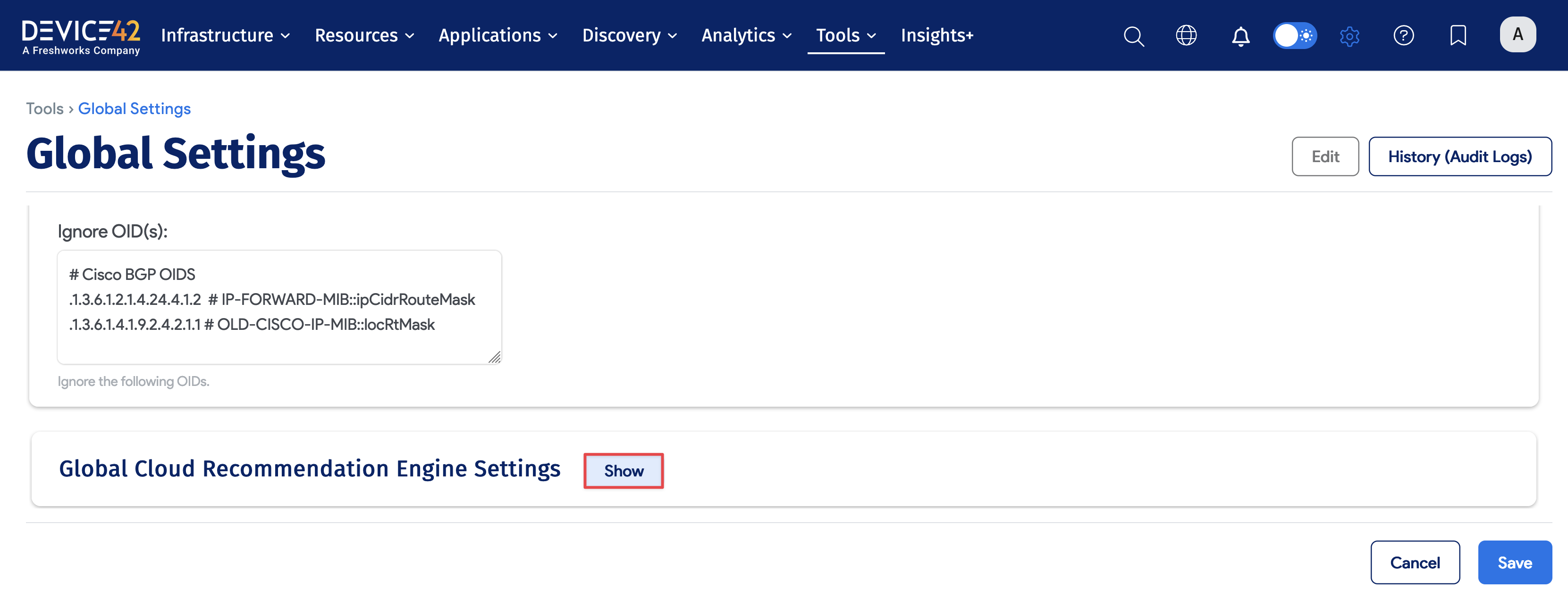 CRE global settings tab
