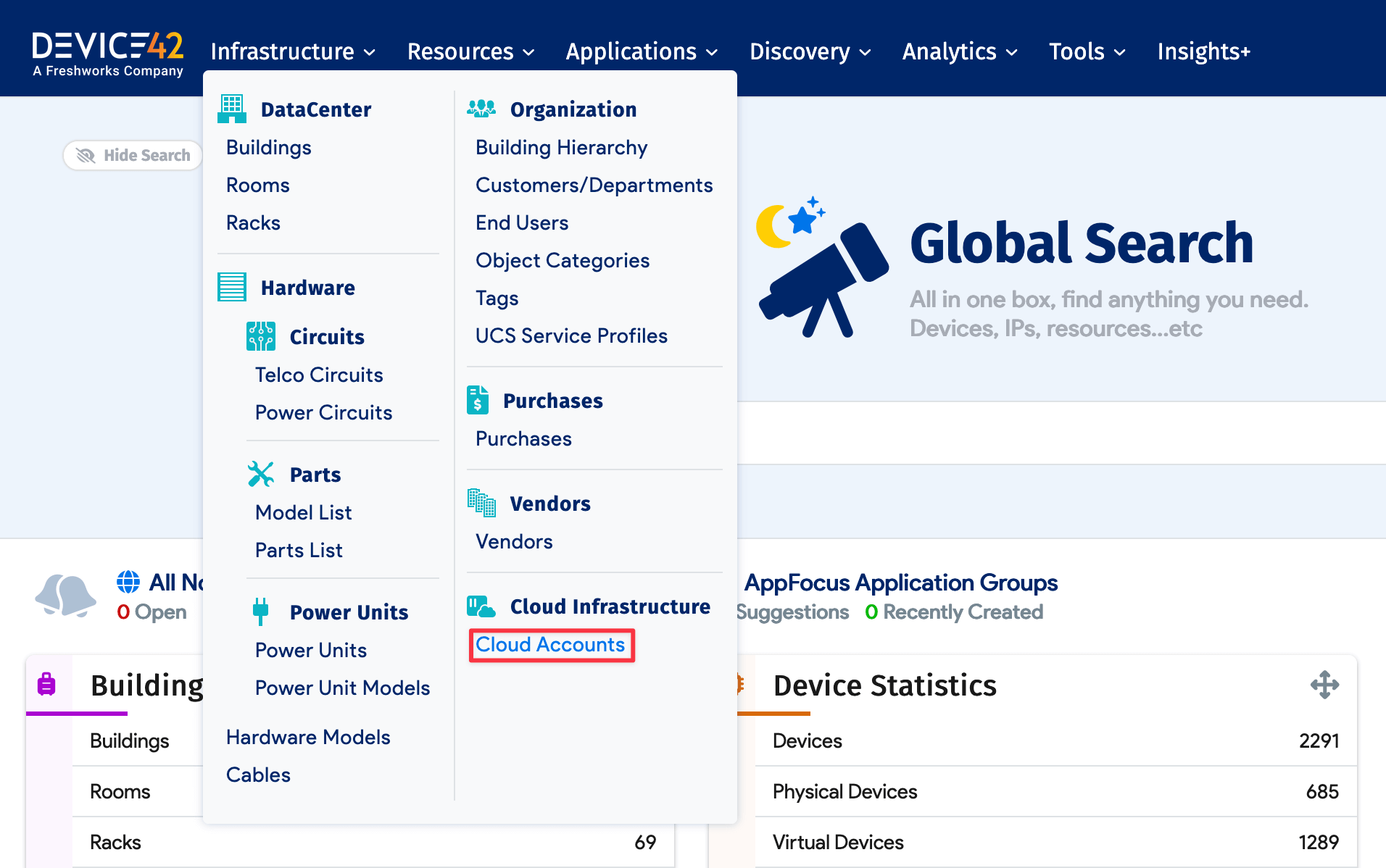 Cloud Resources in menu