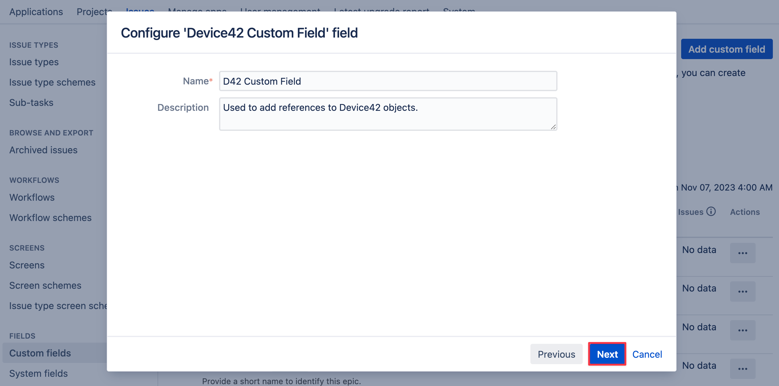 Add custom field button dialog box