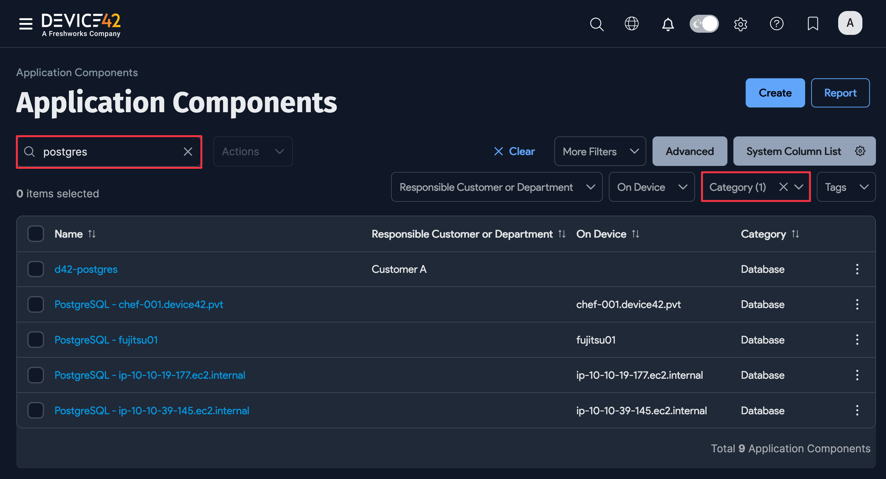 Postgres DB in Application Components