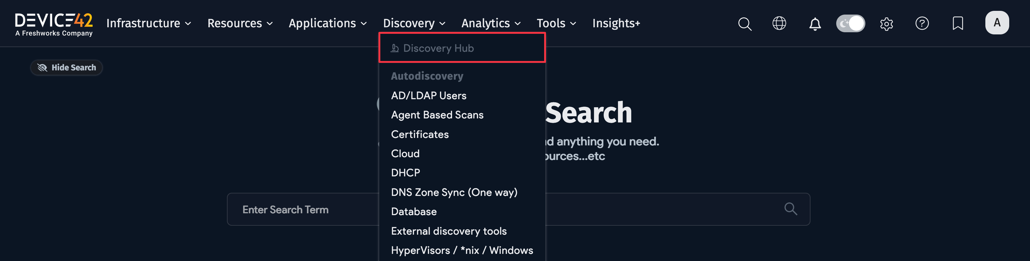 Discovery Hub menu