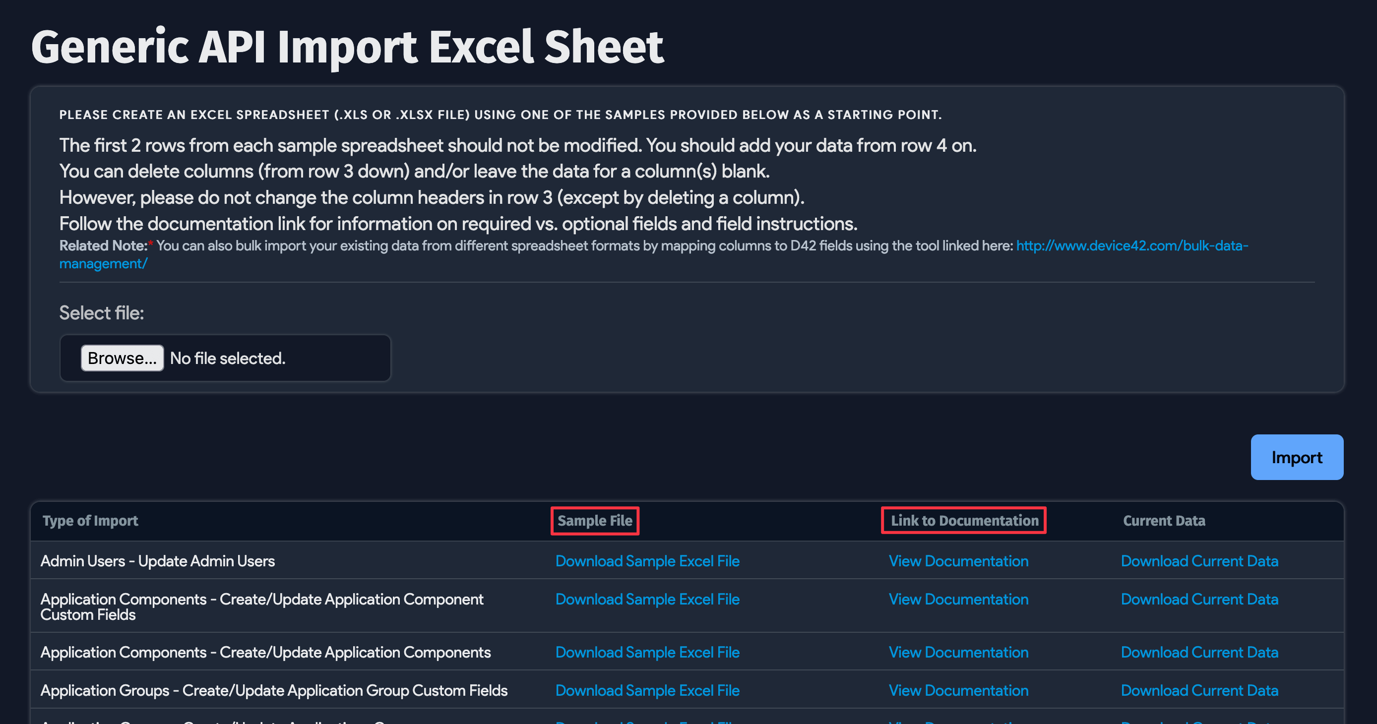 Select import/export menu