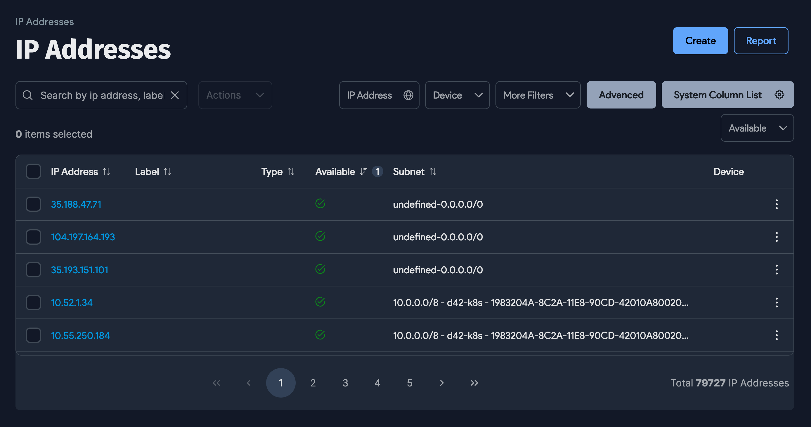 IP Addresses list page