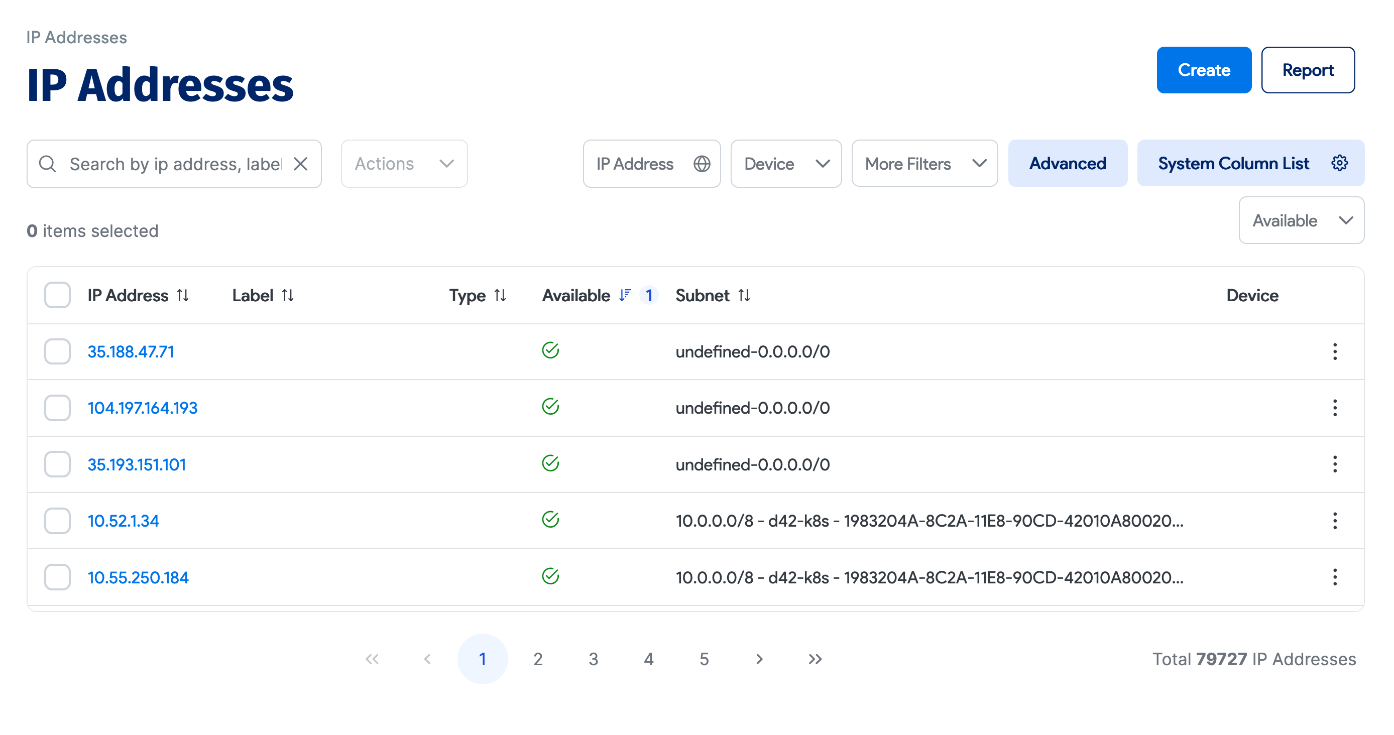 IP Addresses list page