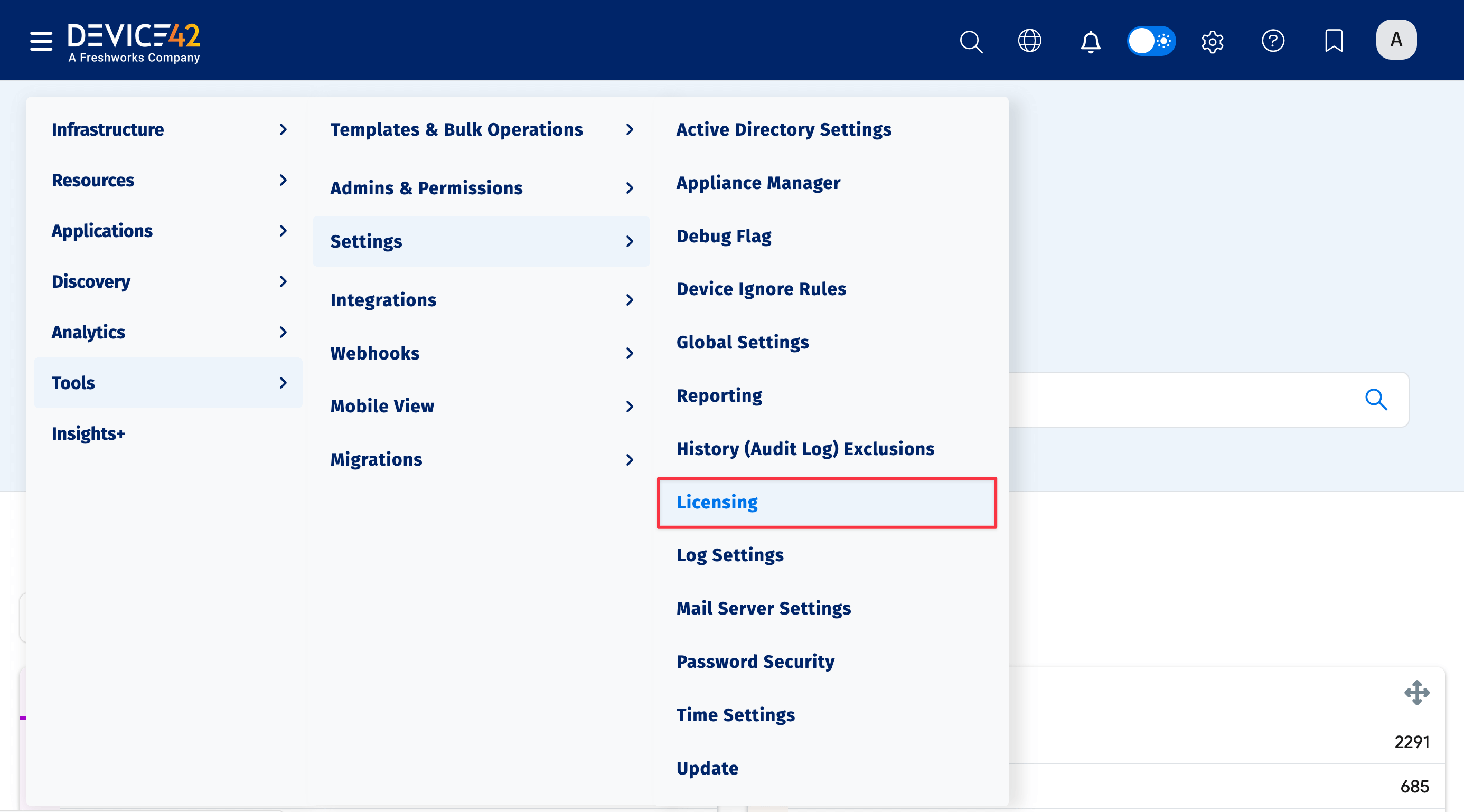 Licensing menu option