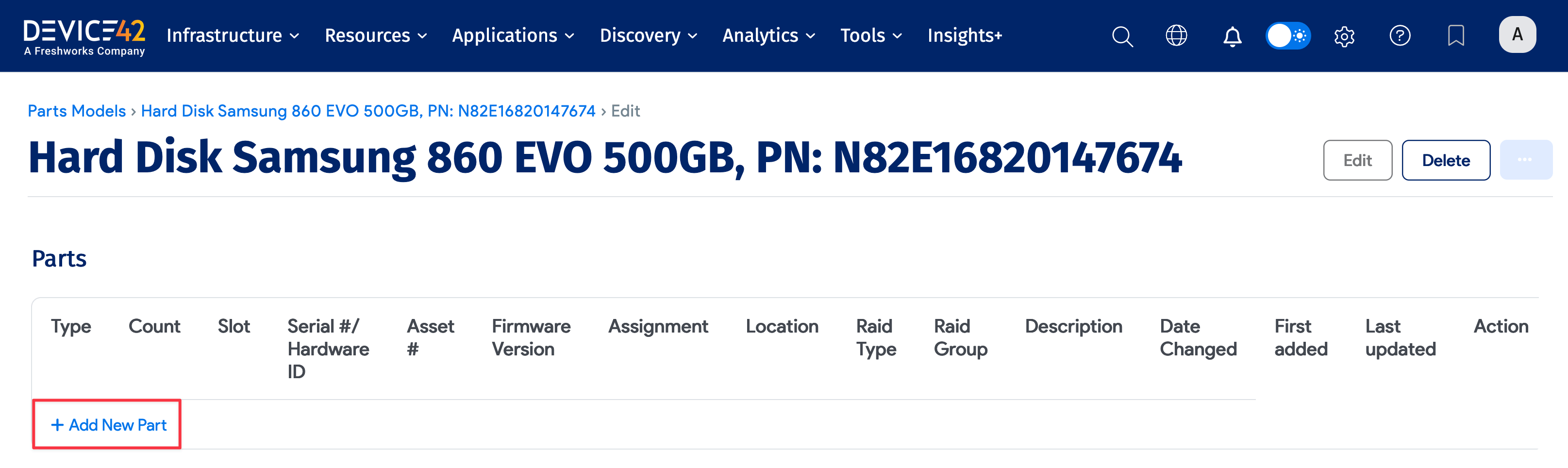 Add New Part link button