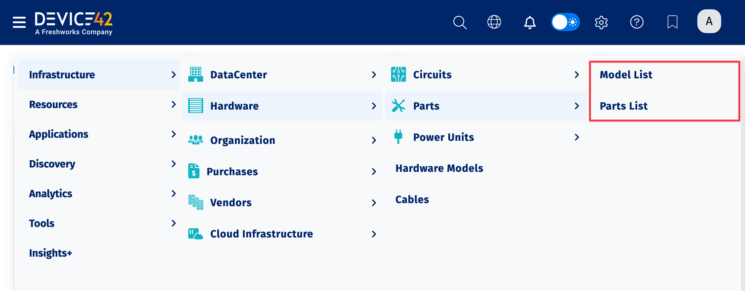 Parts menu item in main navigation
