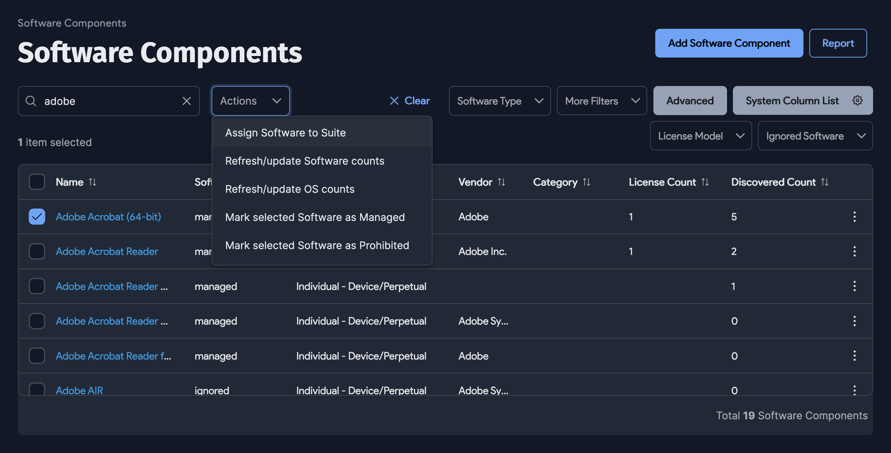 Assign software to suite