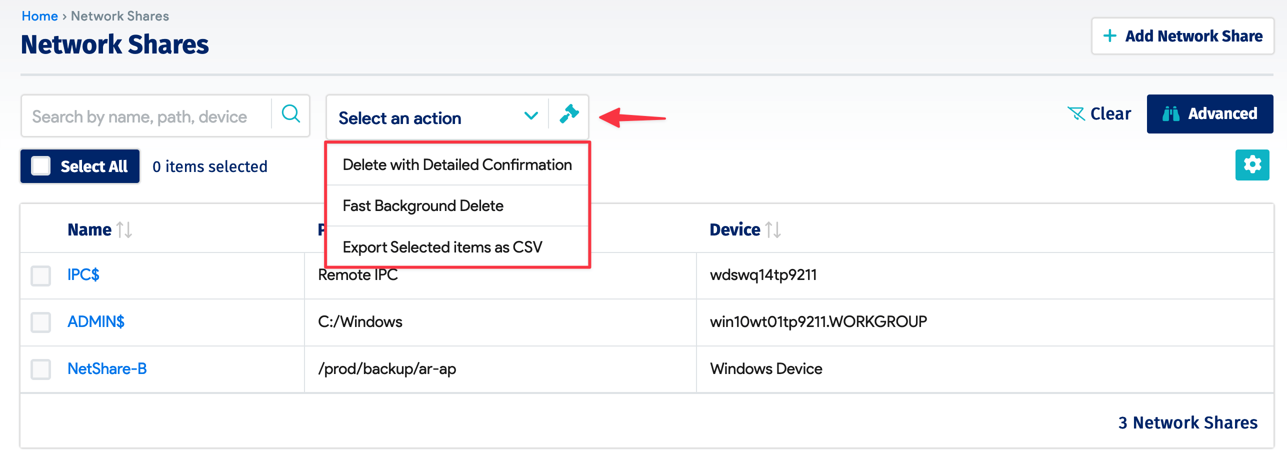 Network Shares actions