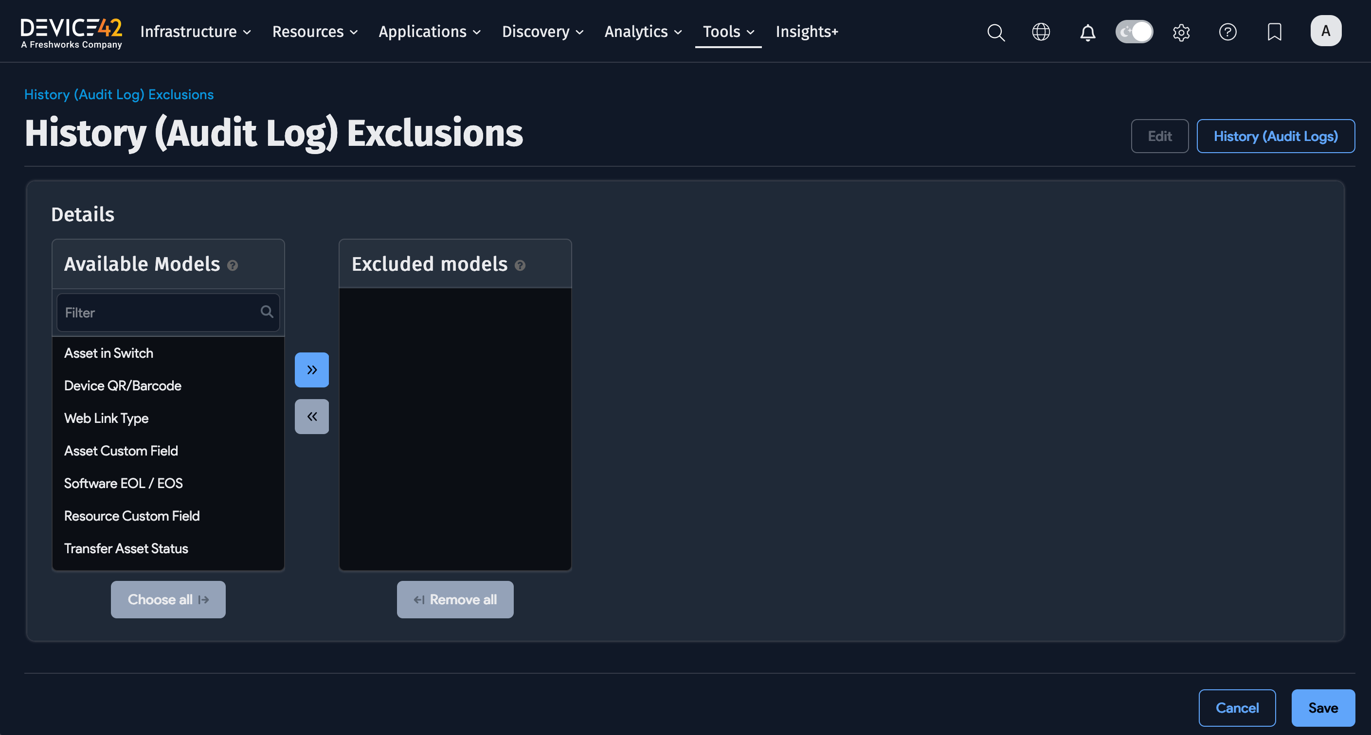 Select exclusions interface
