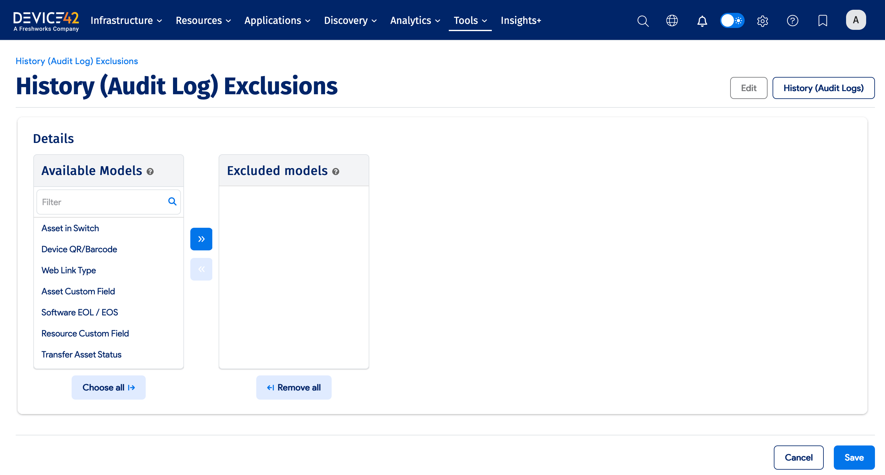Select exclusions interface