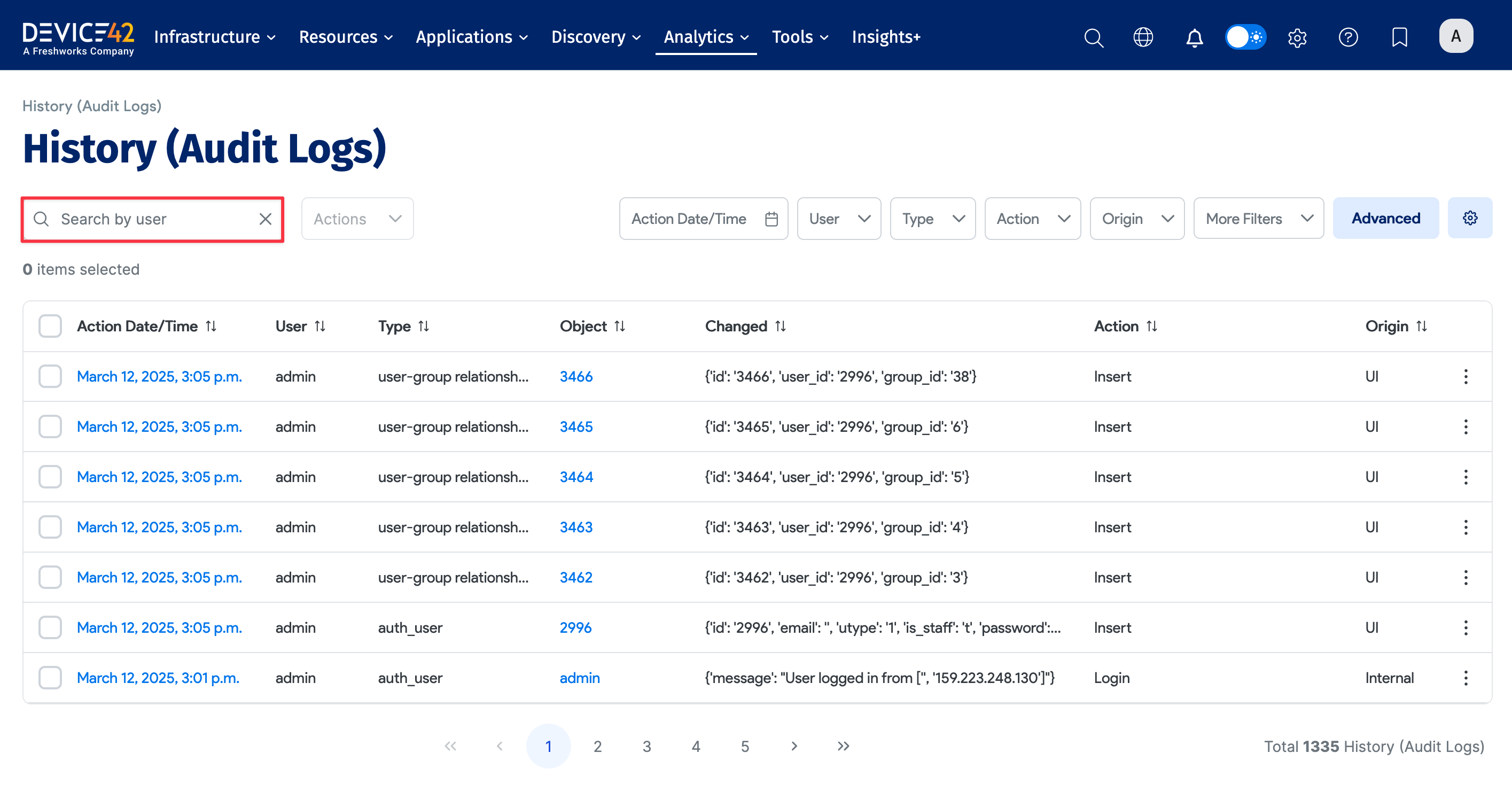 History (audit log) list page