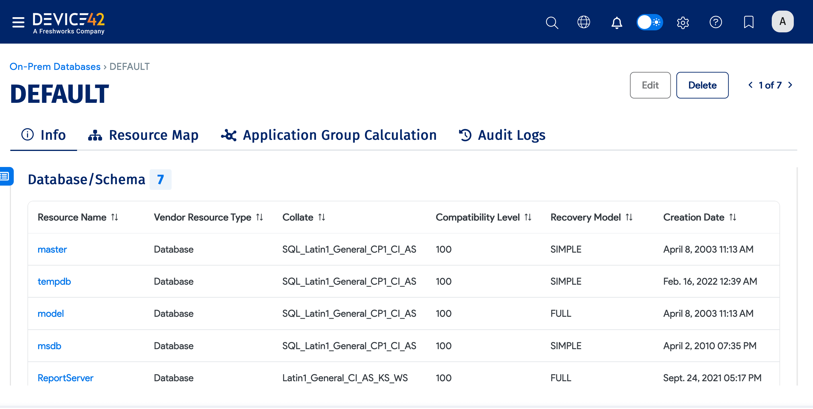 On-Prem databases details