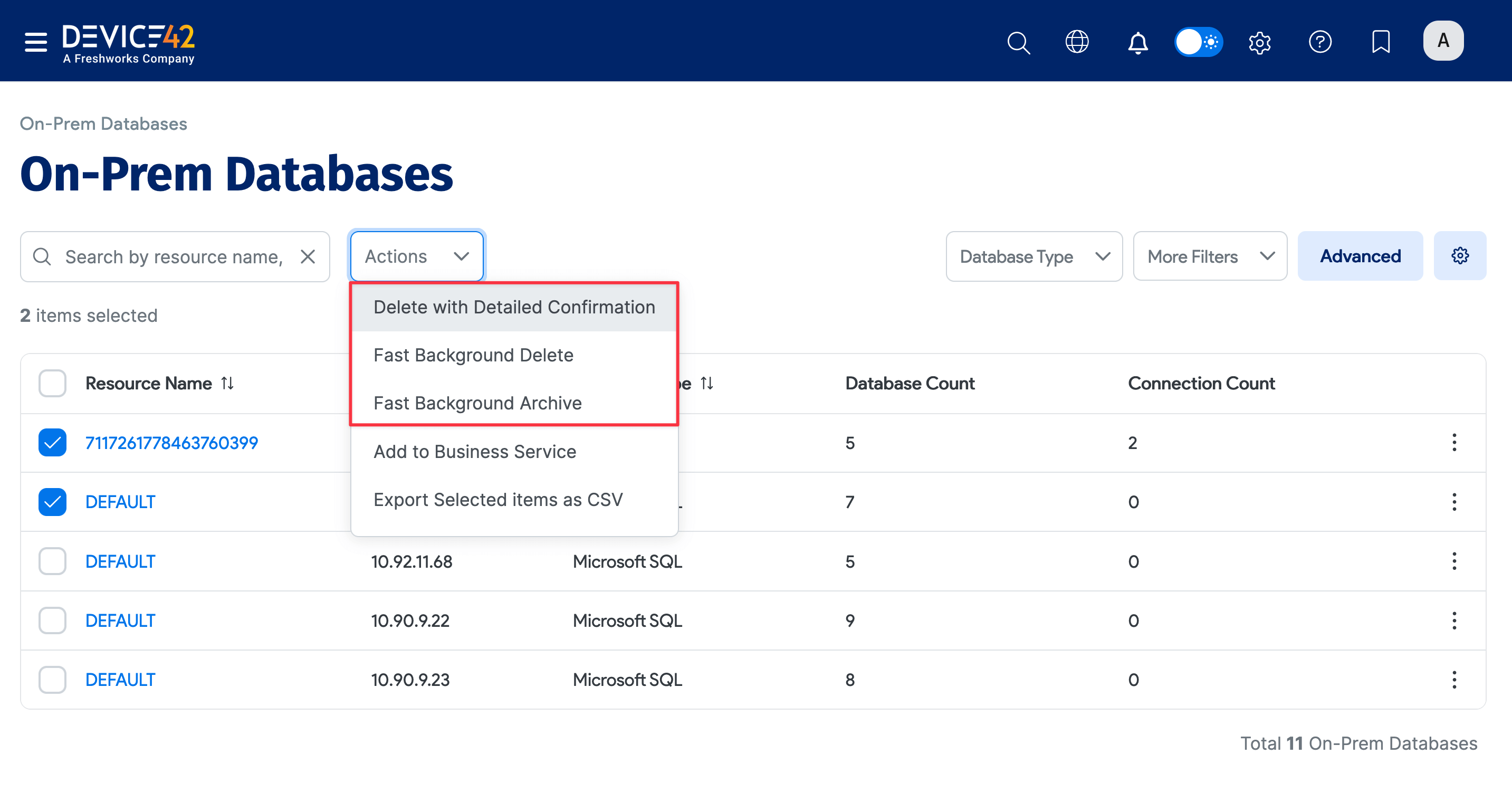 On-Prem Databases action menu