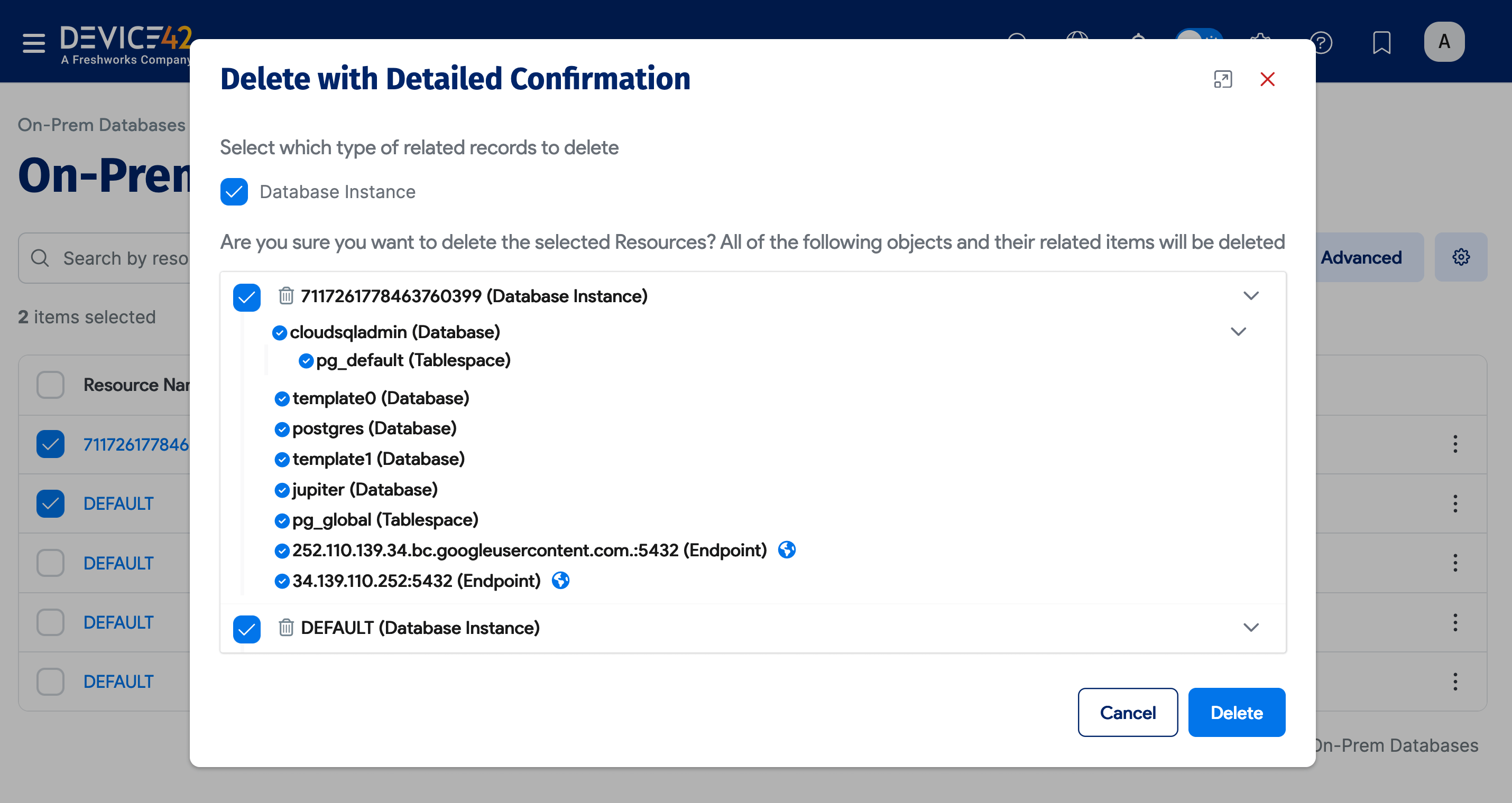 On-Prem Databases delete confirmation