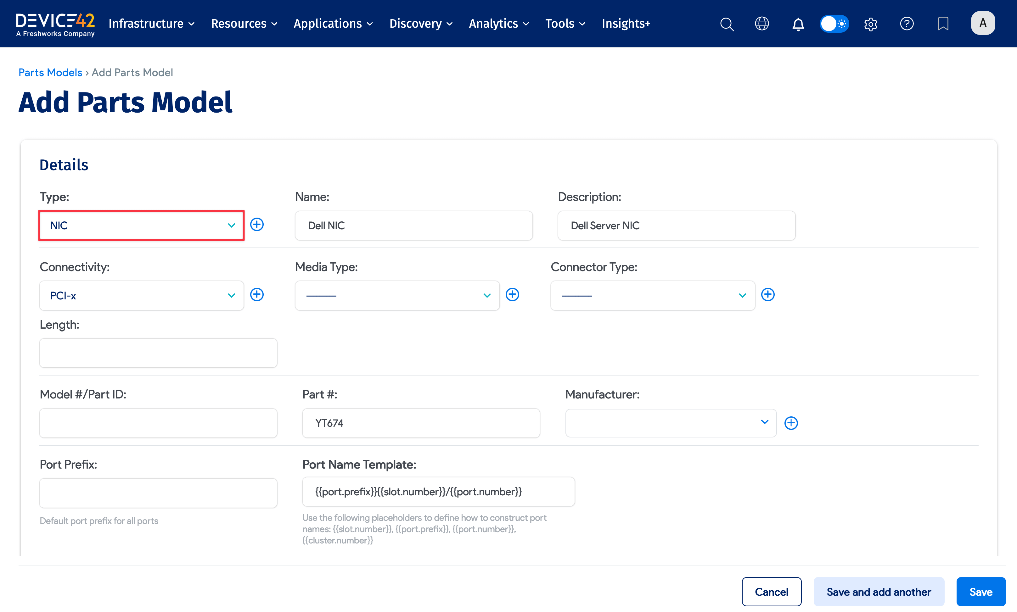 Add a parts model screen