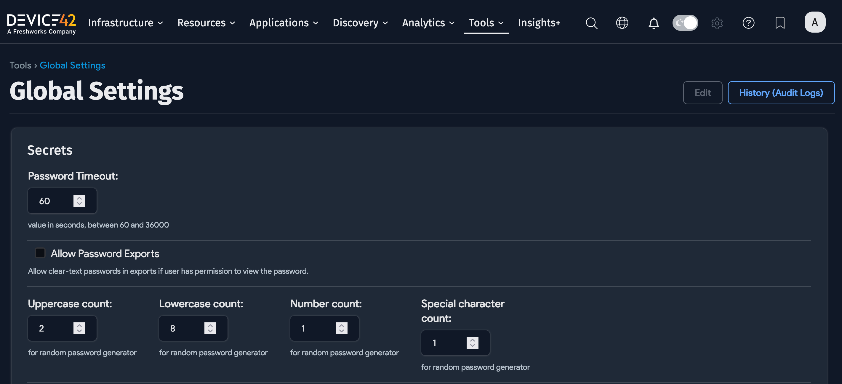 Secrets section on Global Settings