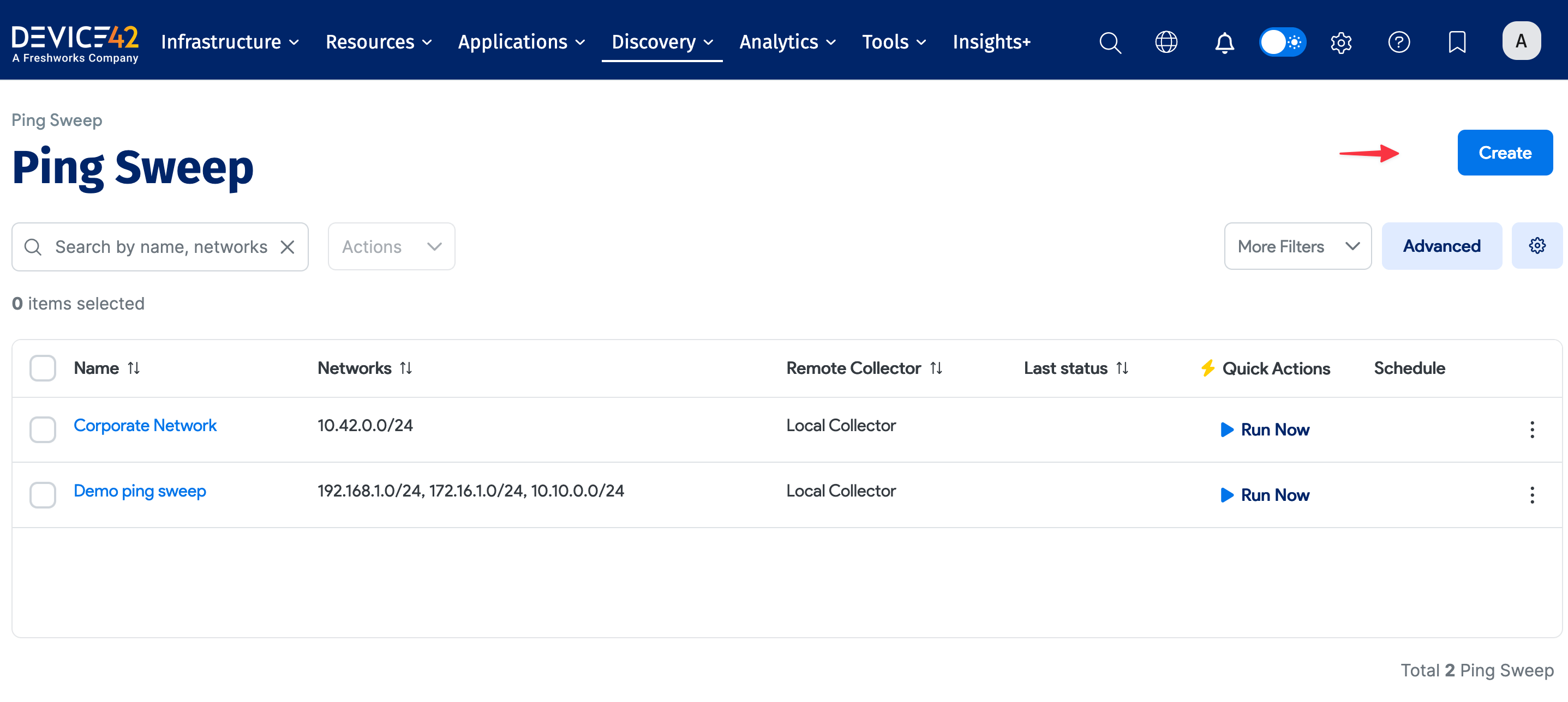 Ping Sweep list page