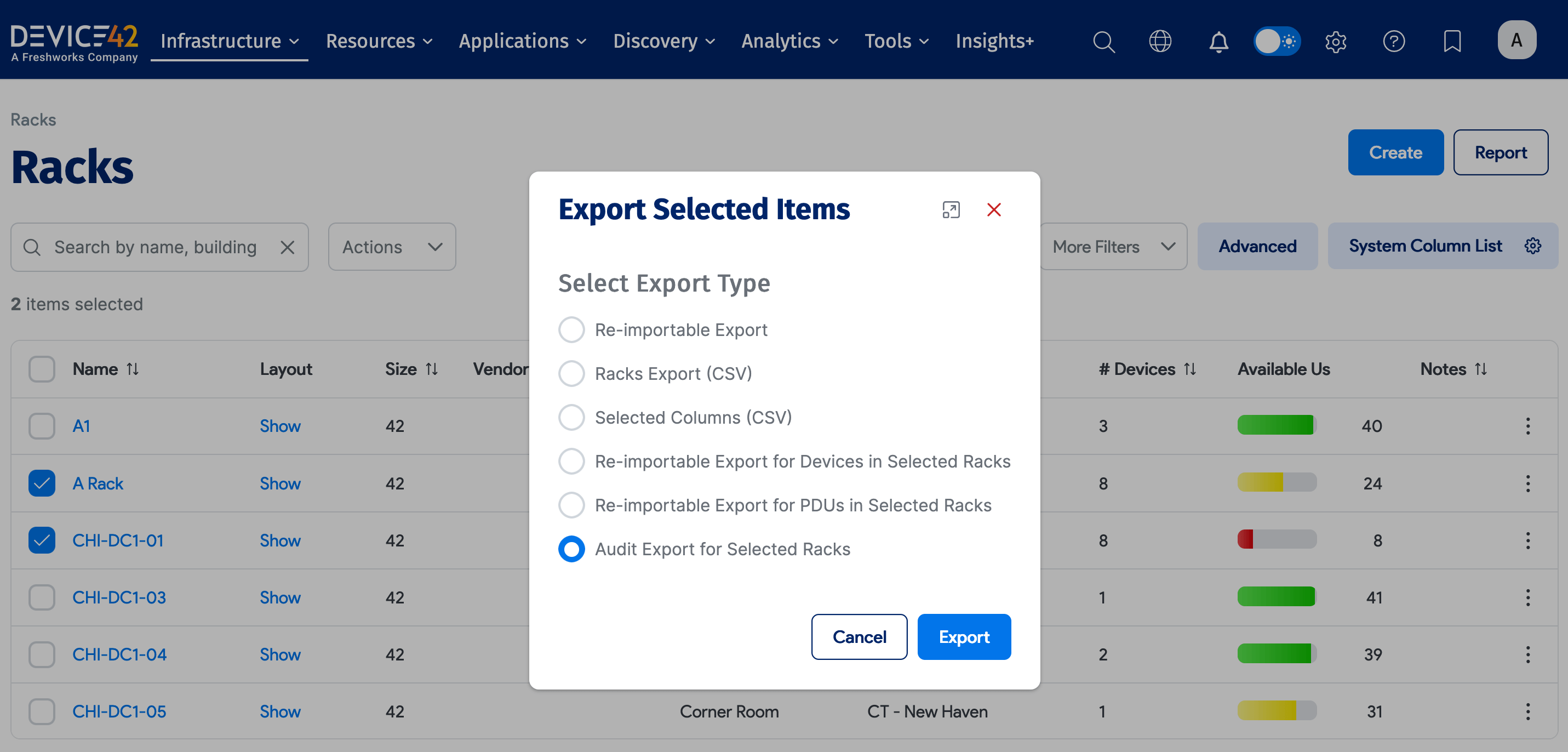 Audit export options modal window