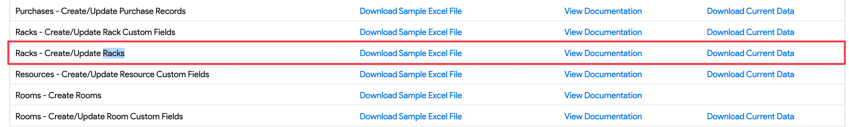 Import/Export options for racks