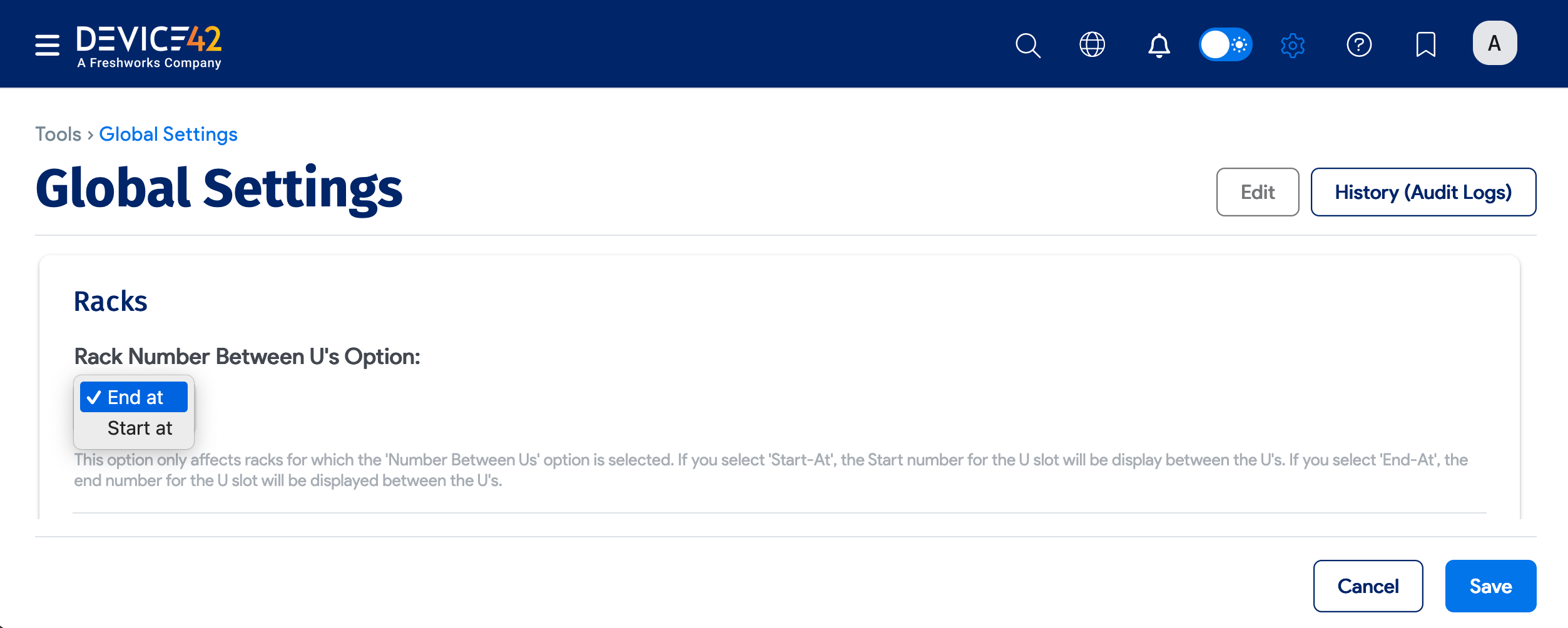 Rack number between U's option in Global Settings