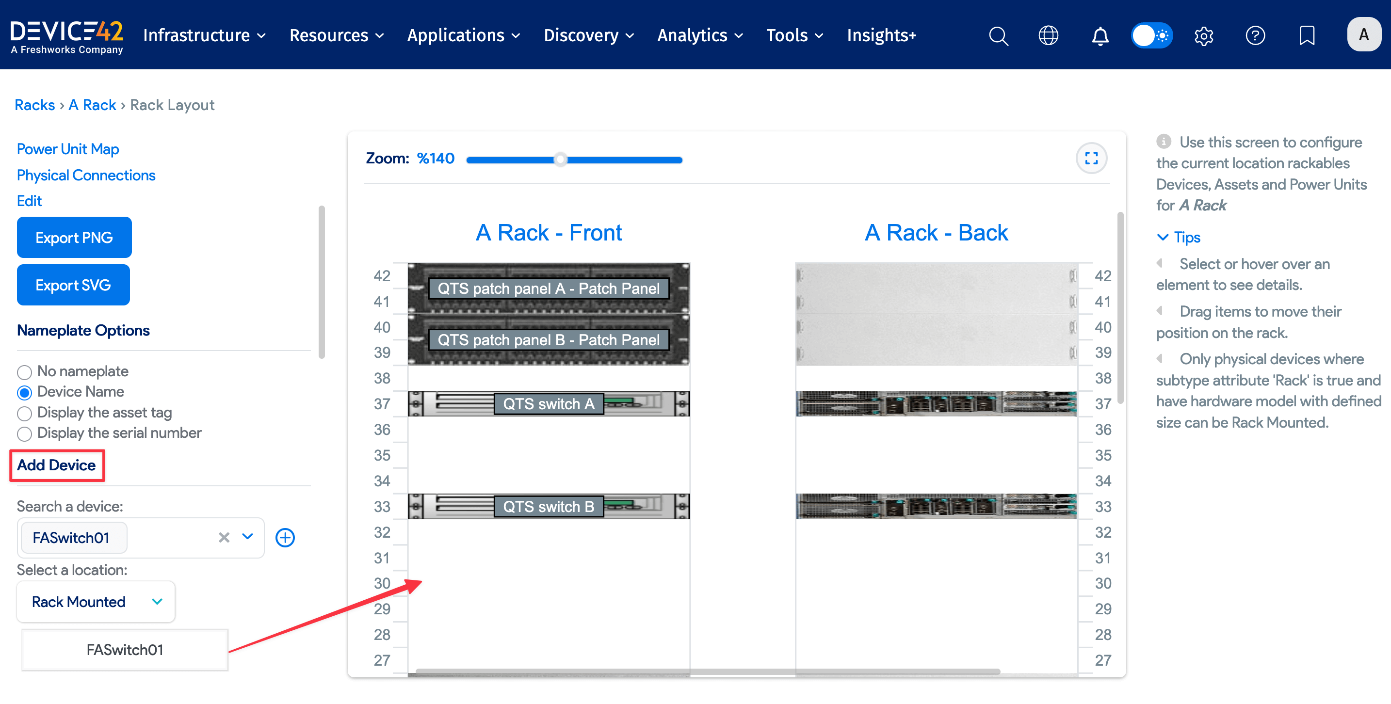 Add device to rack from the layout screen