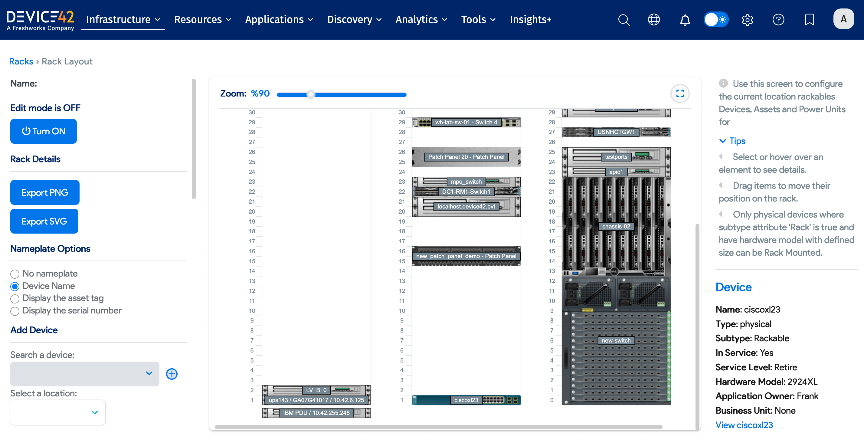 Layout view with multiple rack fronts