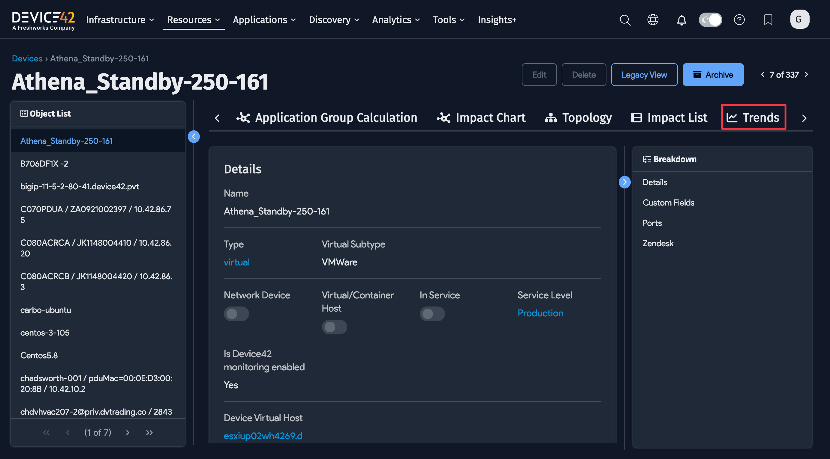 Trends button on a device view