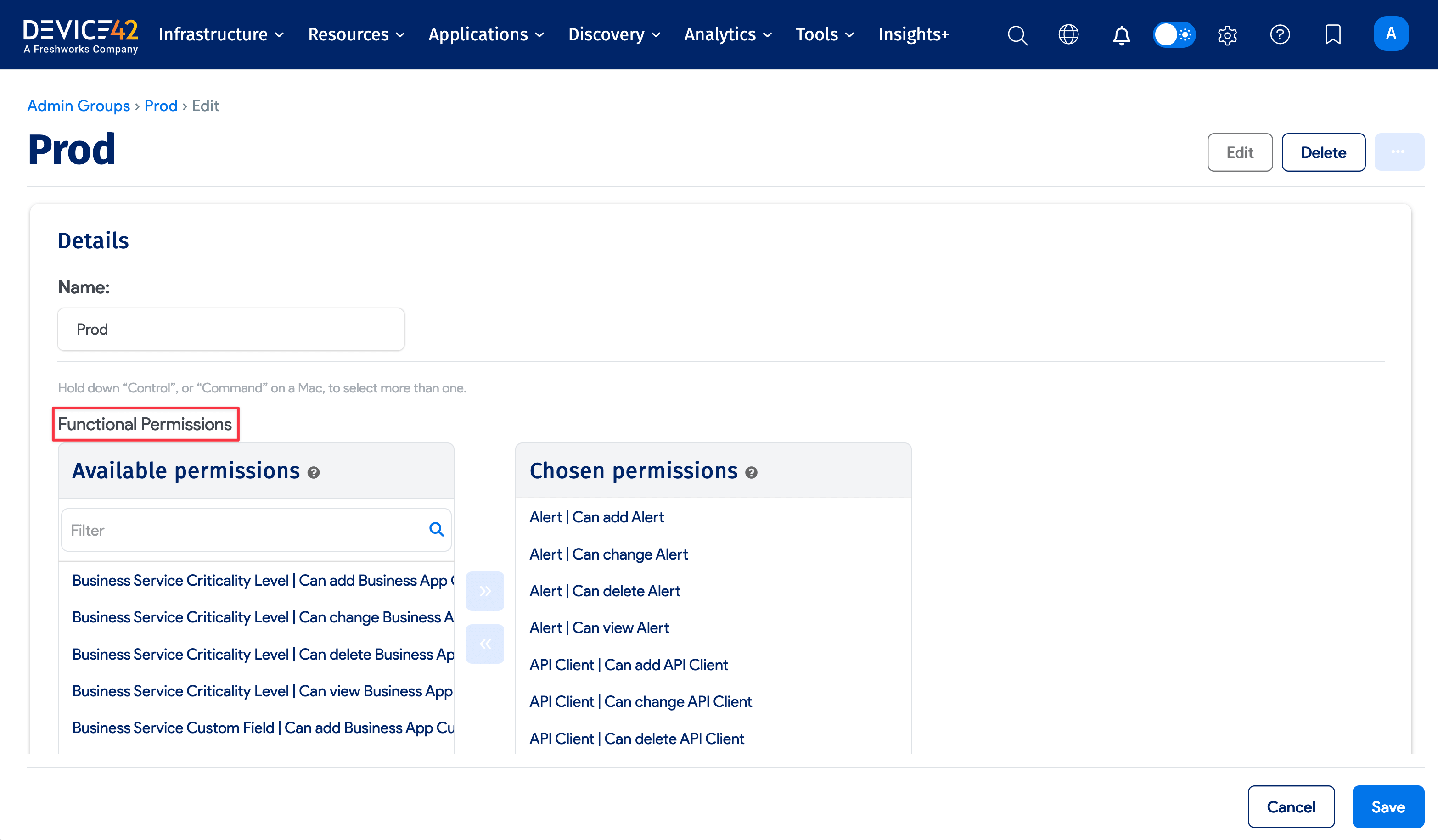 Admin group permissions