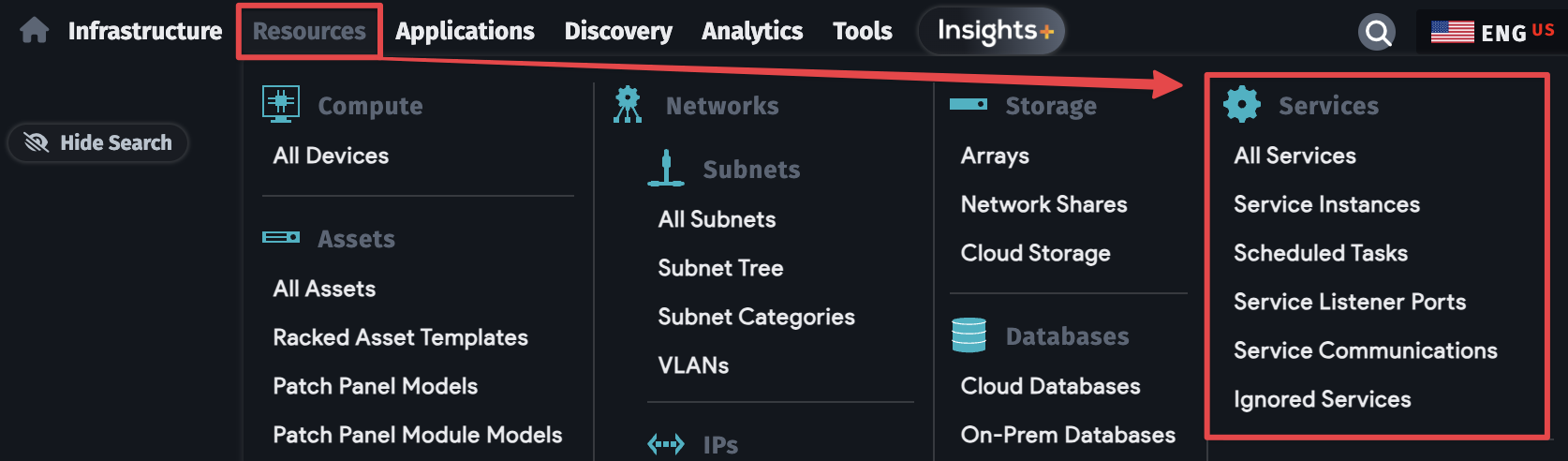 Services menu options