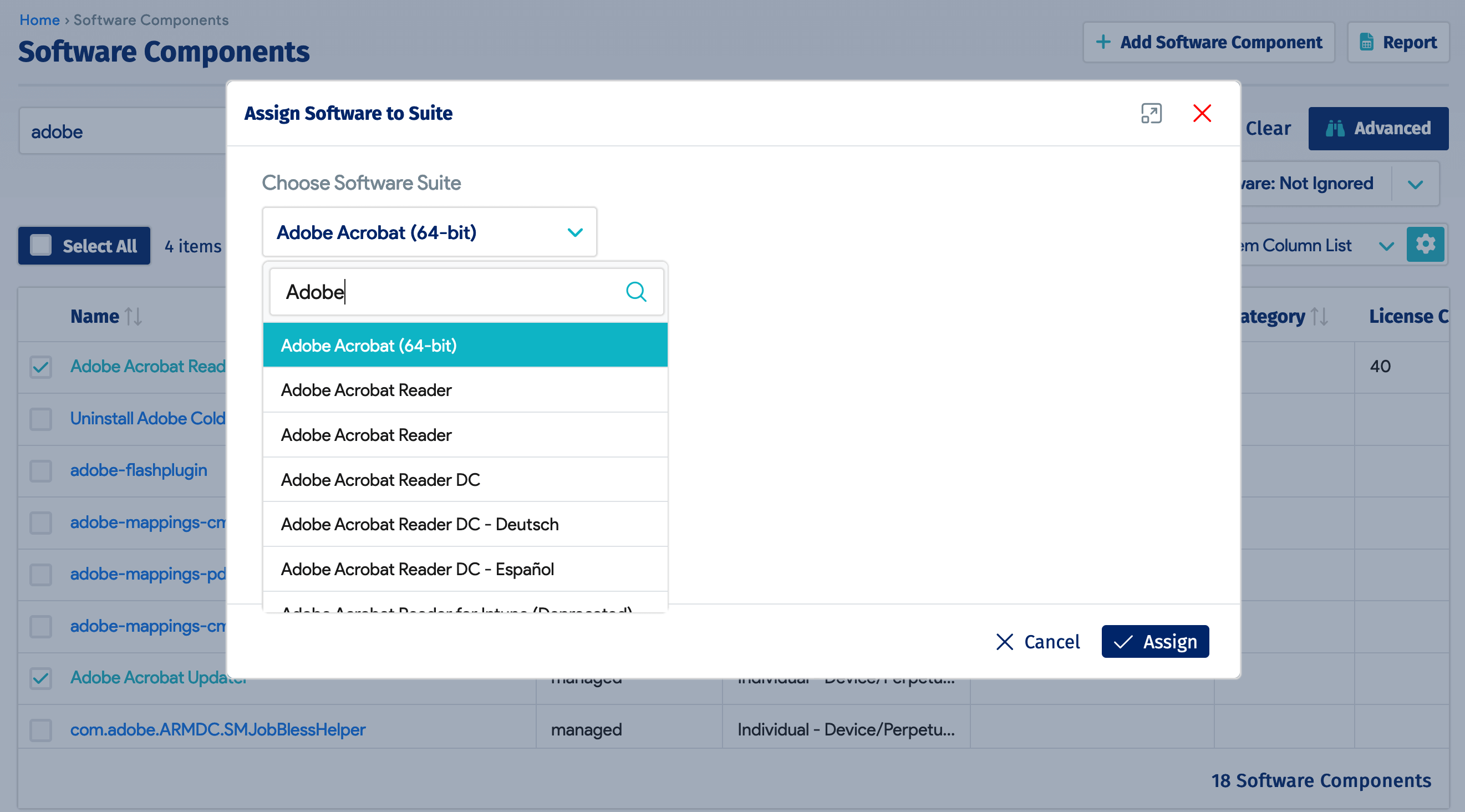 Assign software to suite