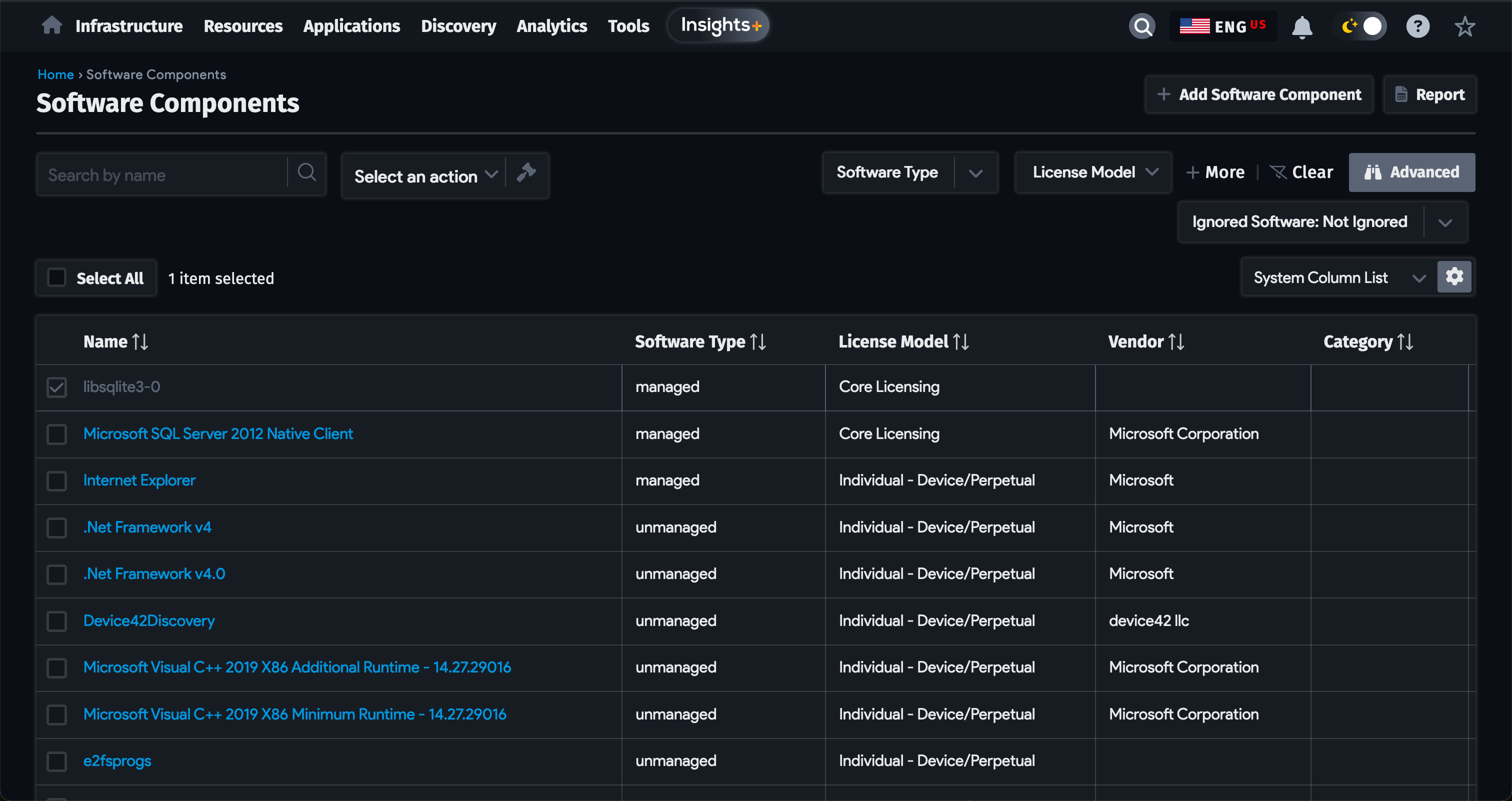 Software component list page