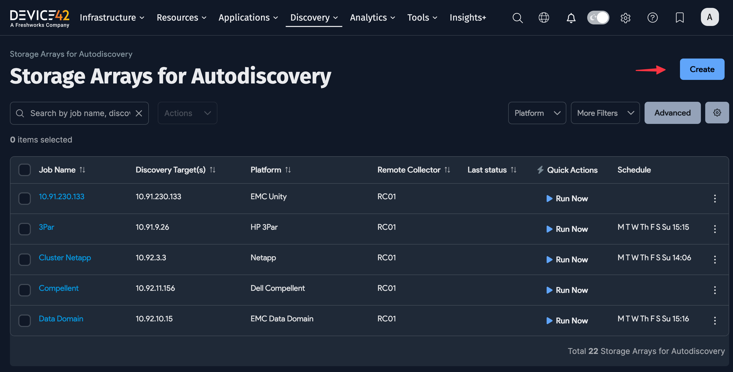 Storage array list page
