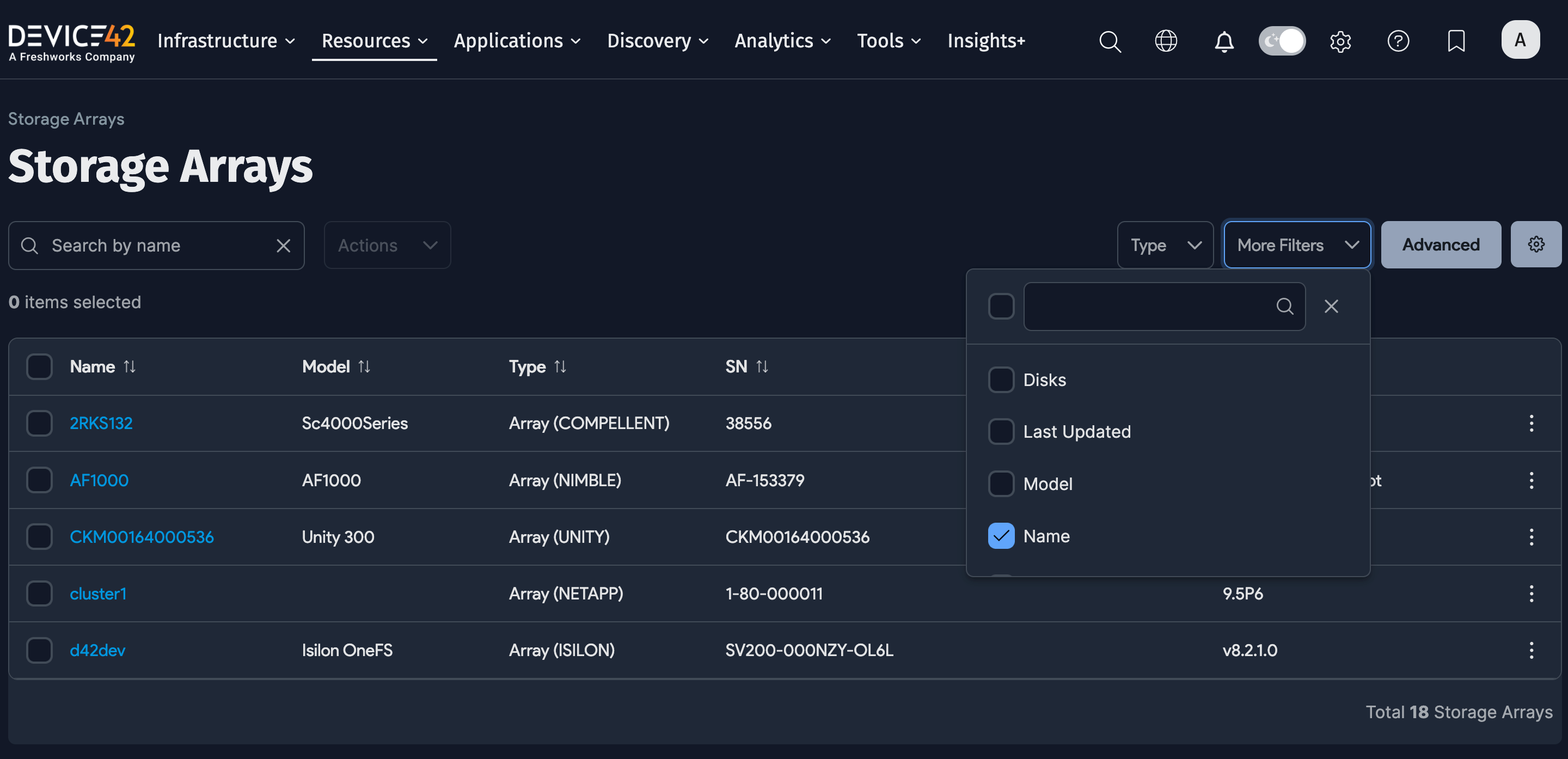 Storage arrays search and filter