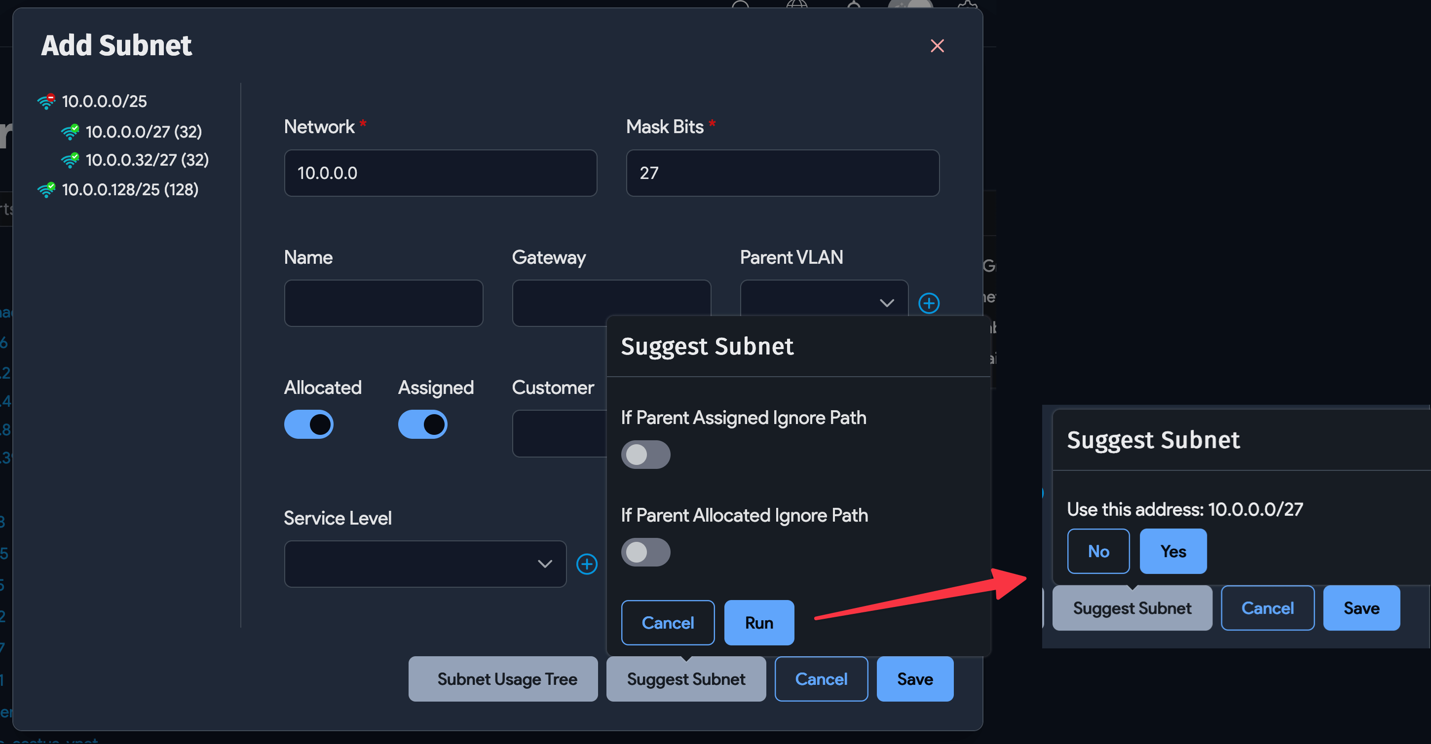Recommend a subnet from the tree view