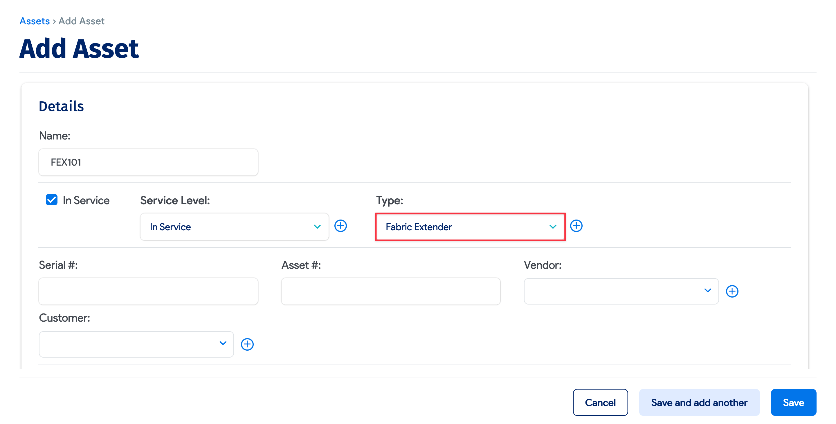 Add asset with Fabric Extender type