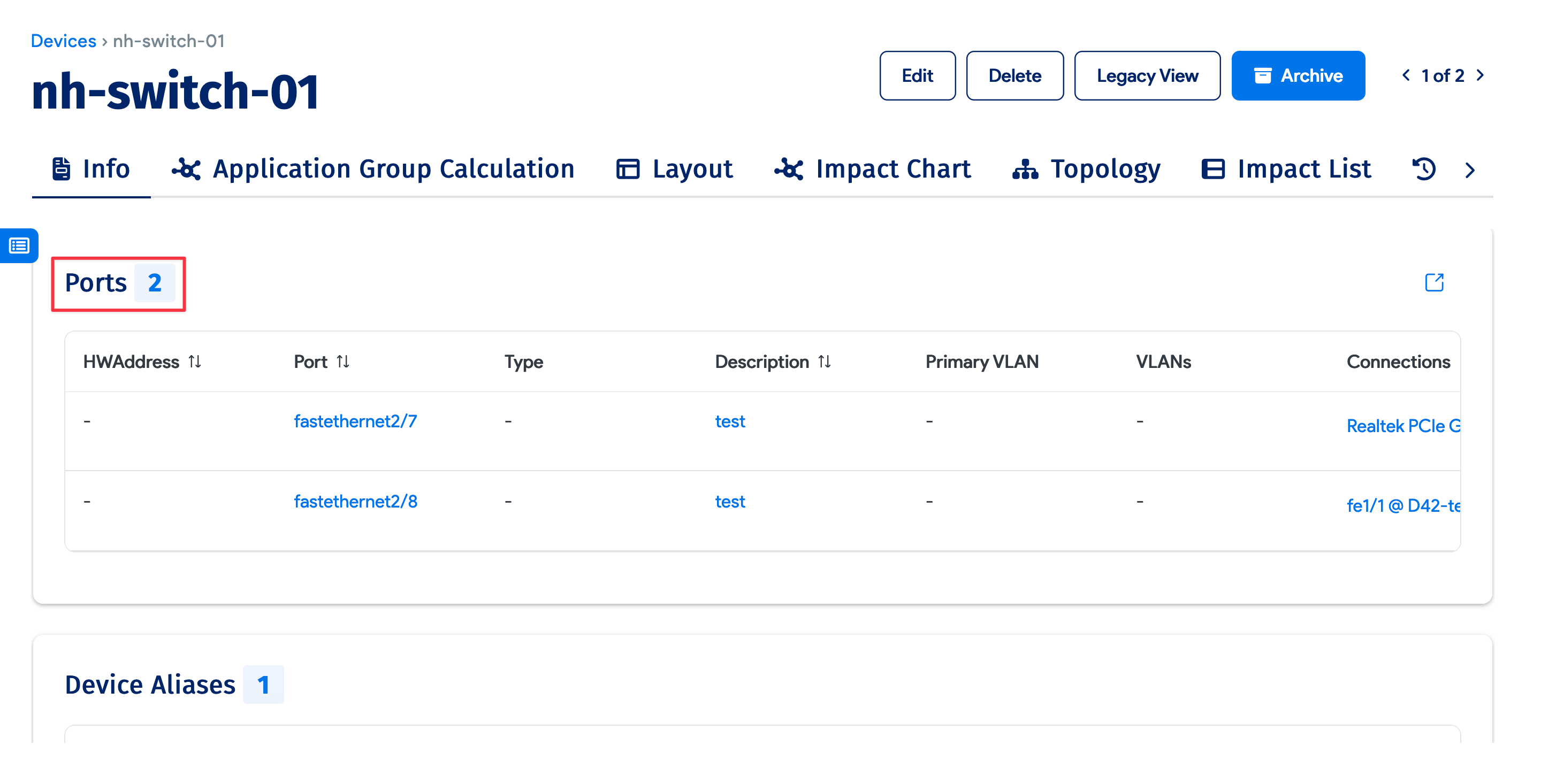 Switch Ports button on device page