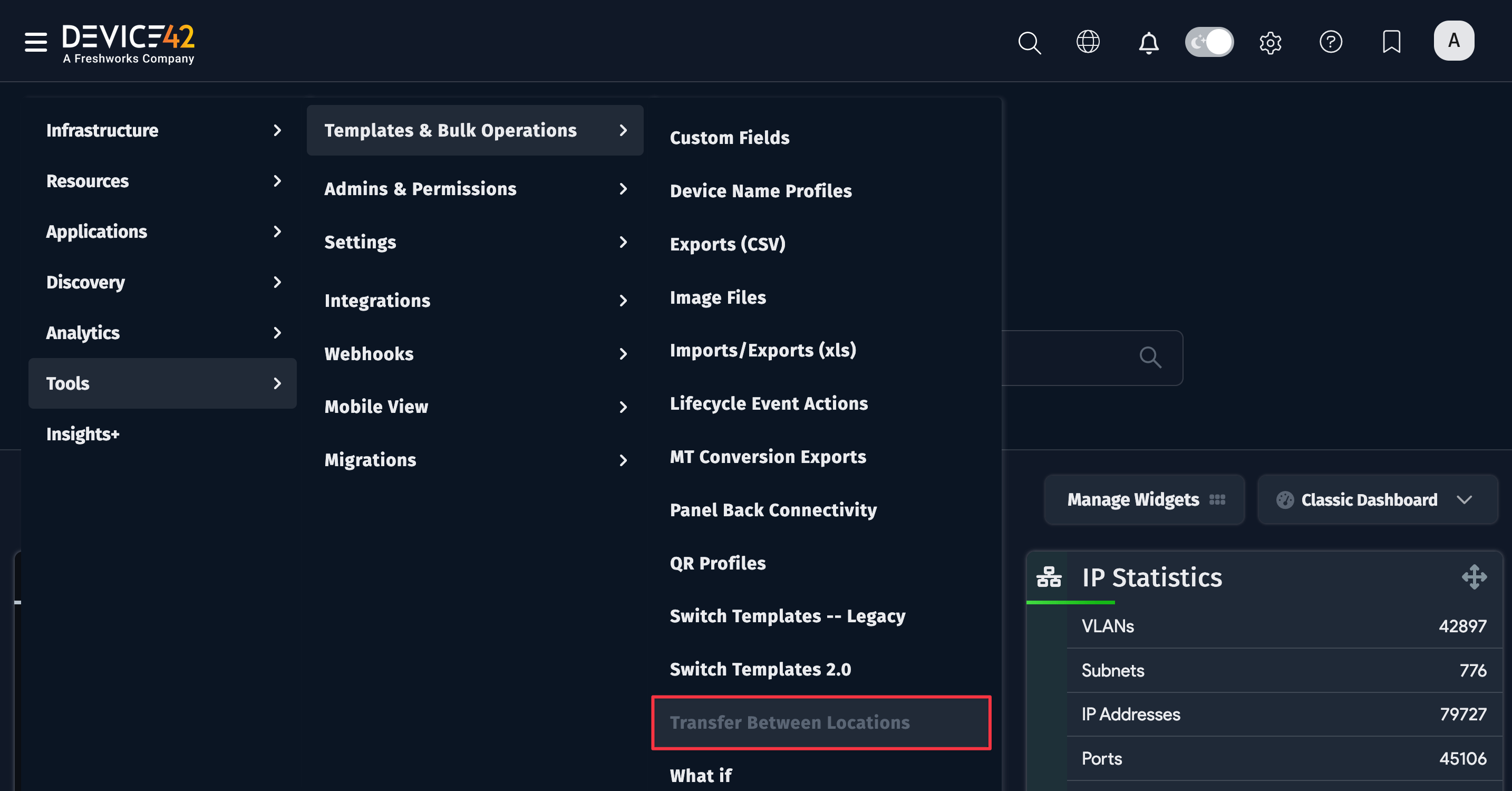 Transfer Between Locations menu location