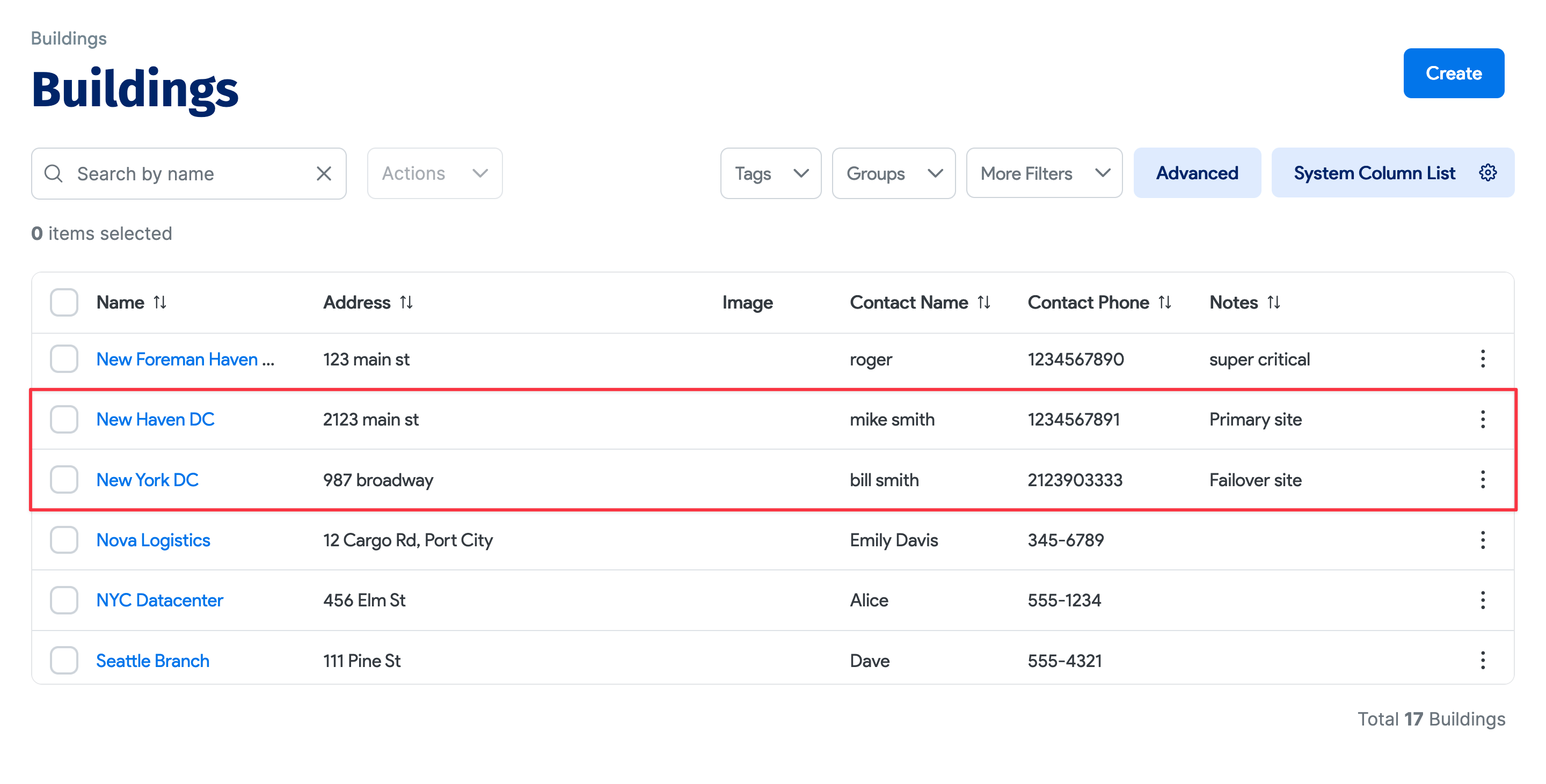 Buildings list page with new data