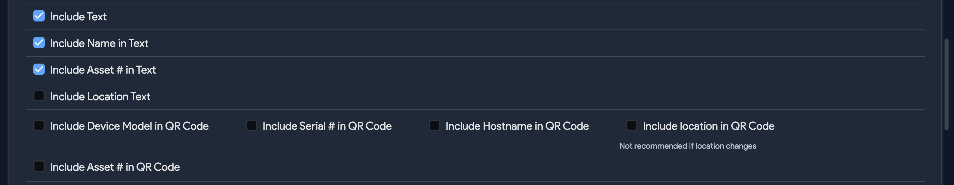QR Code profile checkboxes