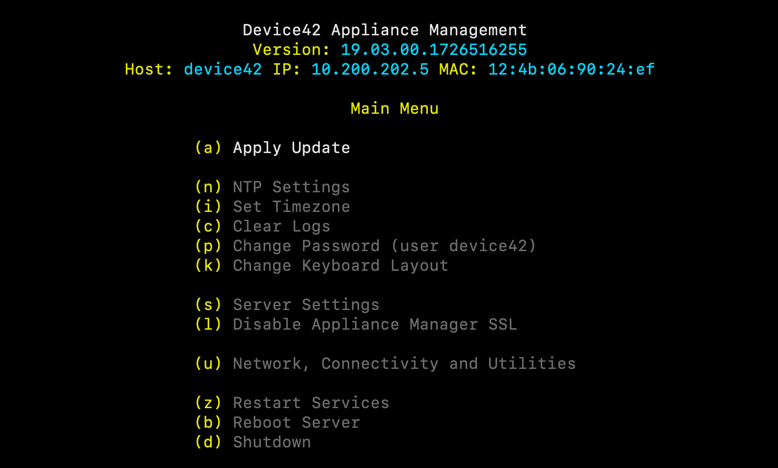 VM console menu options