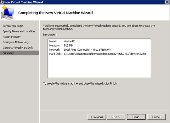 Completing the New Virtual Machine Wizard