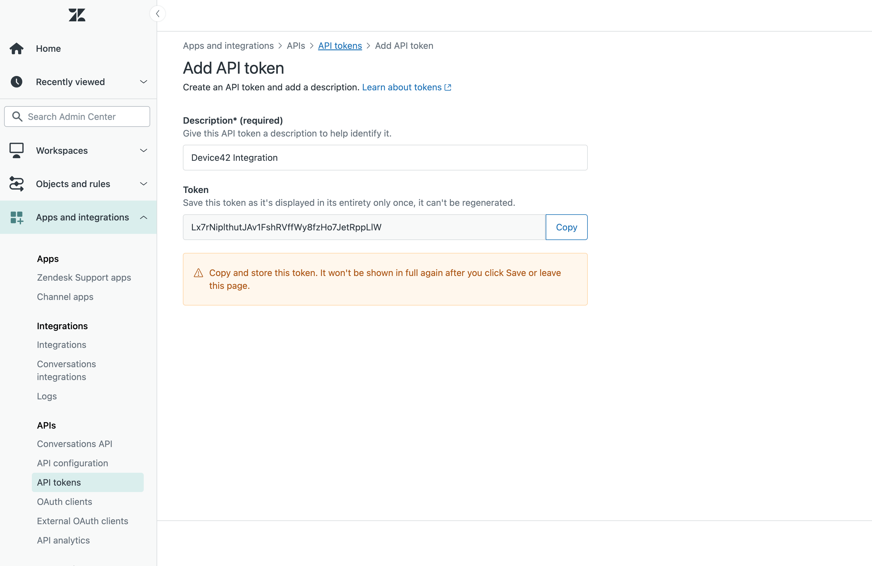 Zendesk generate API token