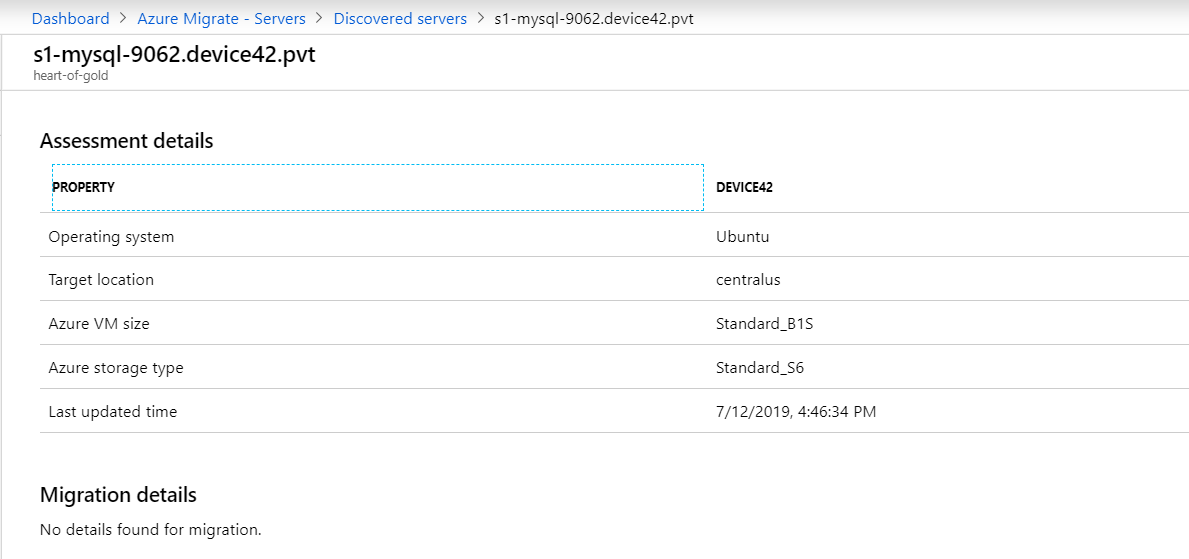 Device42 Assessment details in Azure Example