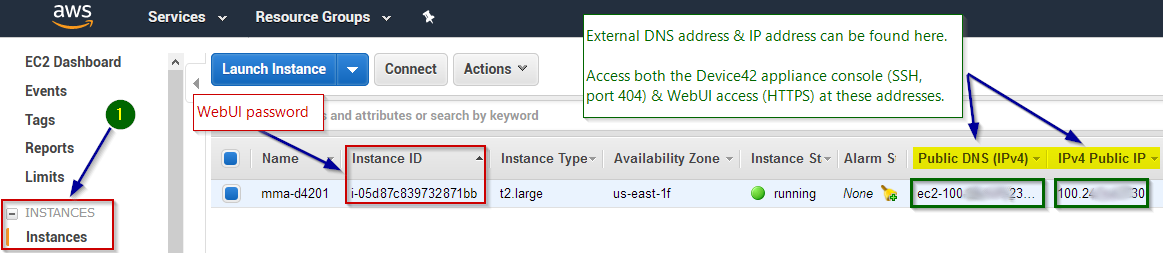 Instance ID, public ip, DNS address on EC2 dash