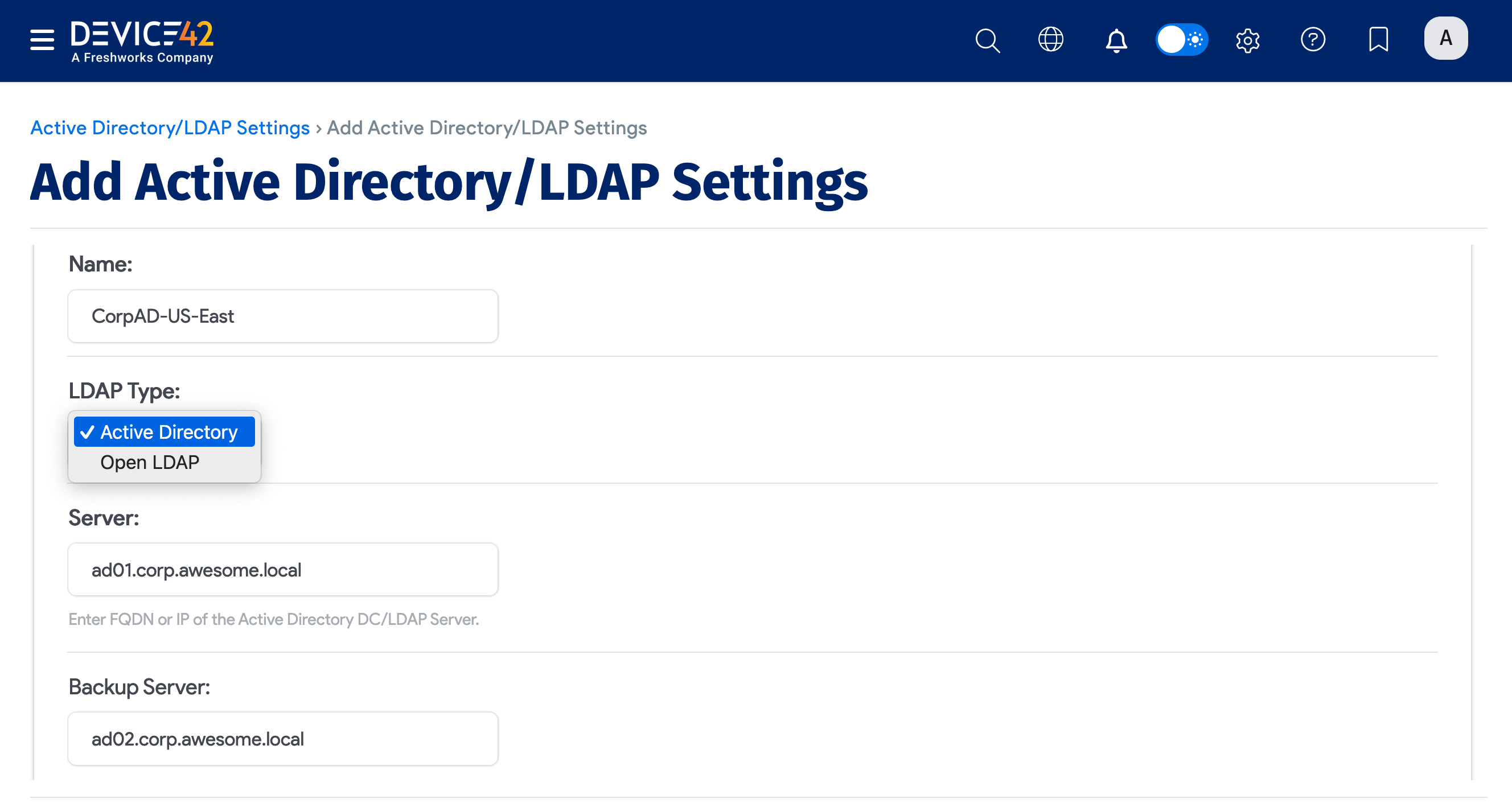 Active Directory/LDAP Settings list page