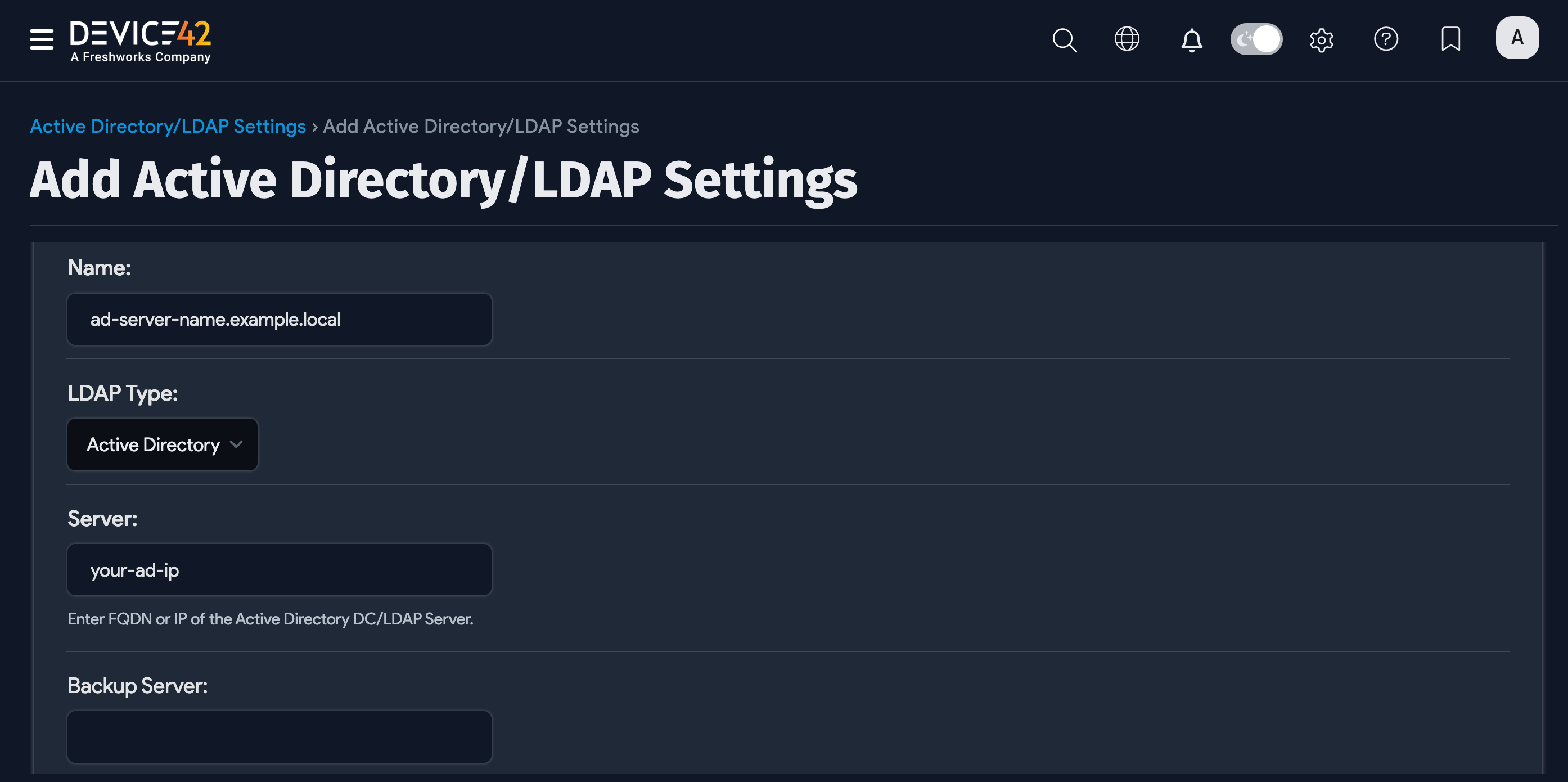 Active Directory Settings example values