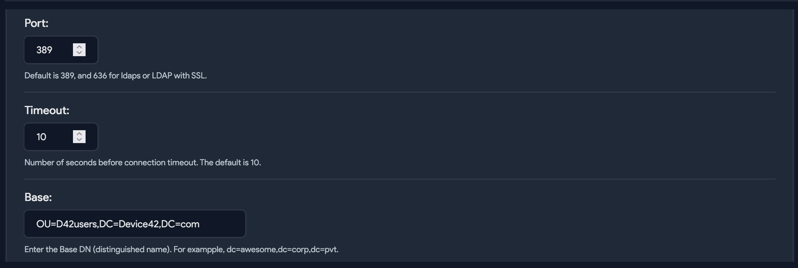 Active Directory Settings example values